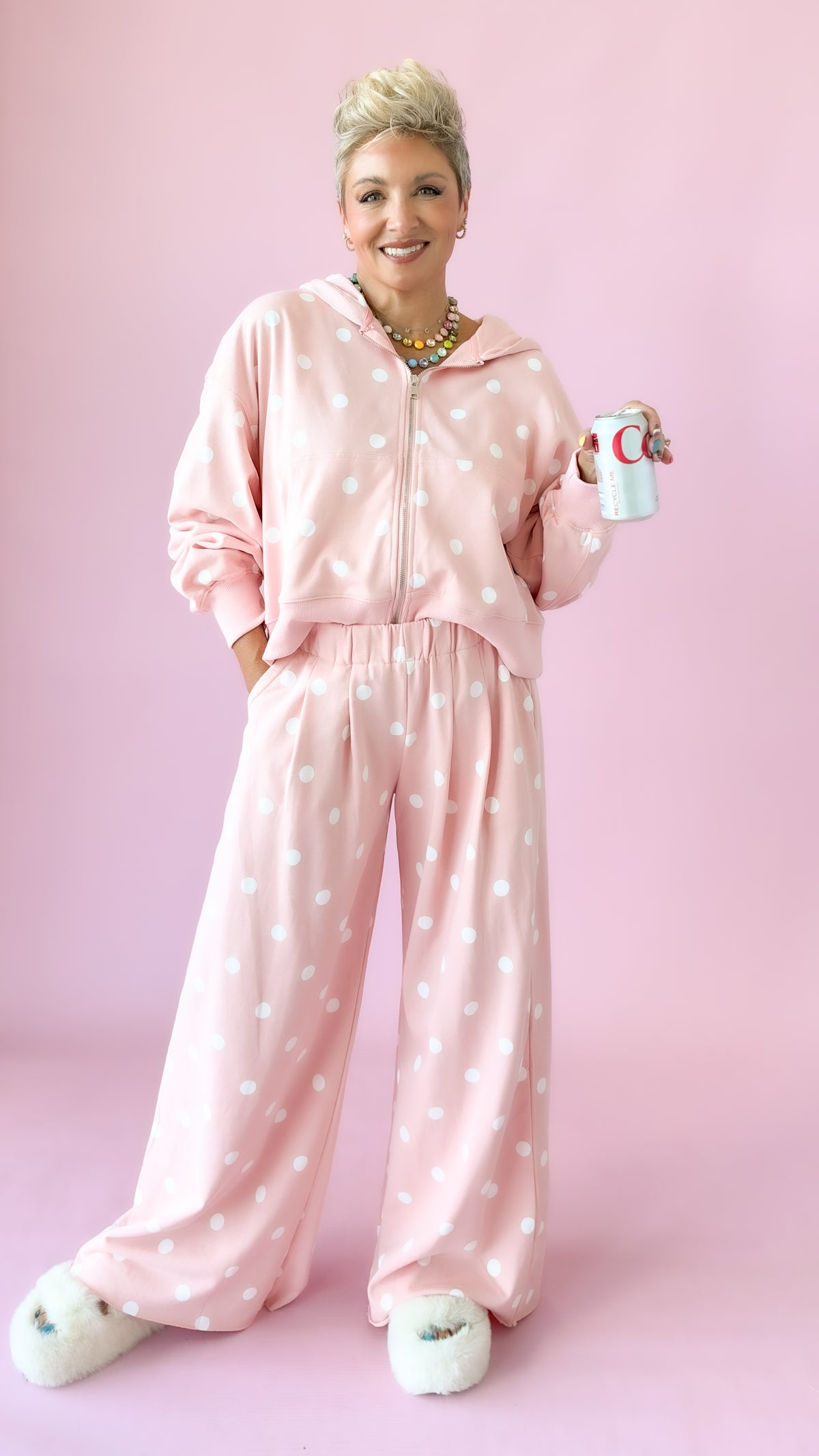 Polka Dot Zip Up Hoodie/Pink