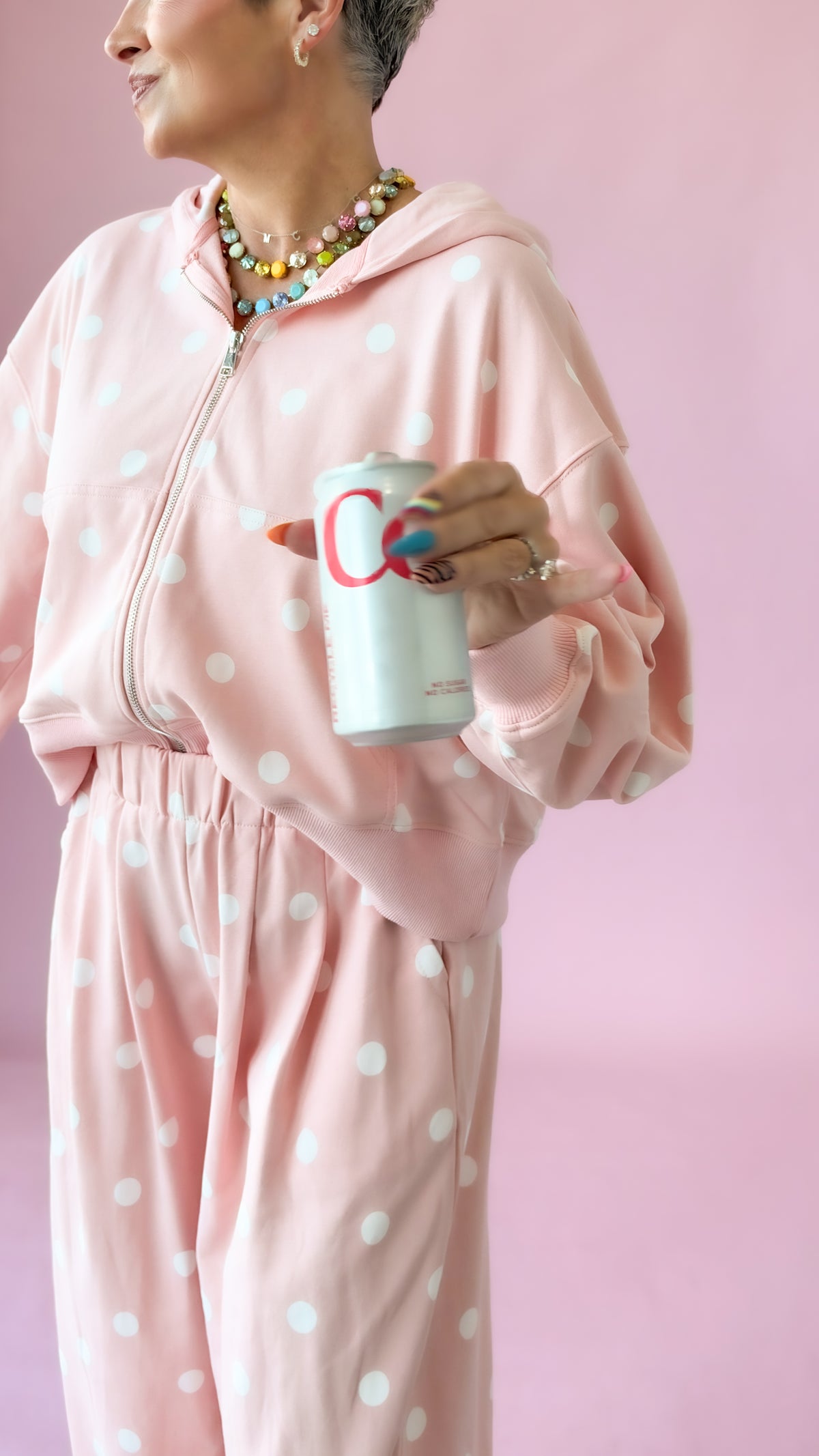 Polka Dot Zip Up Hoodie/Pink