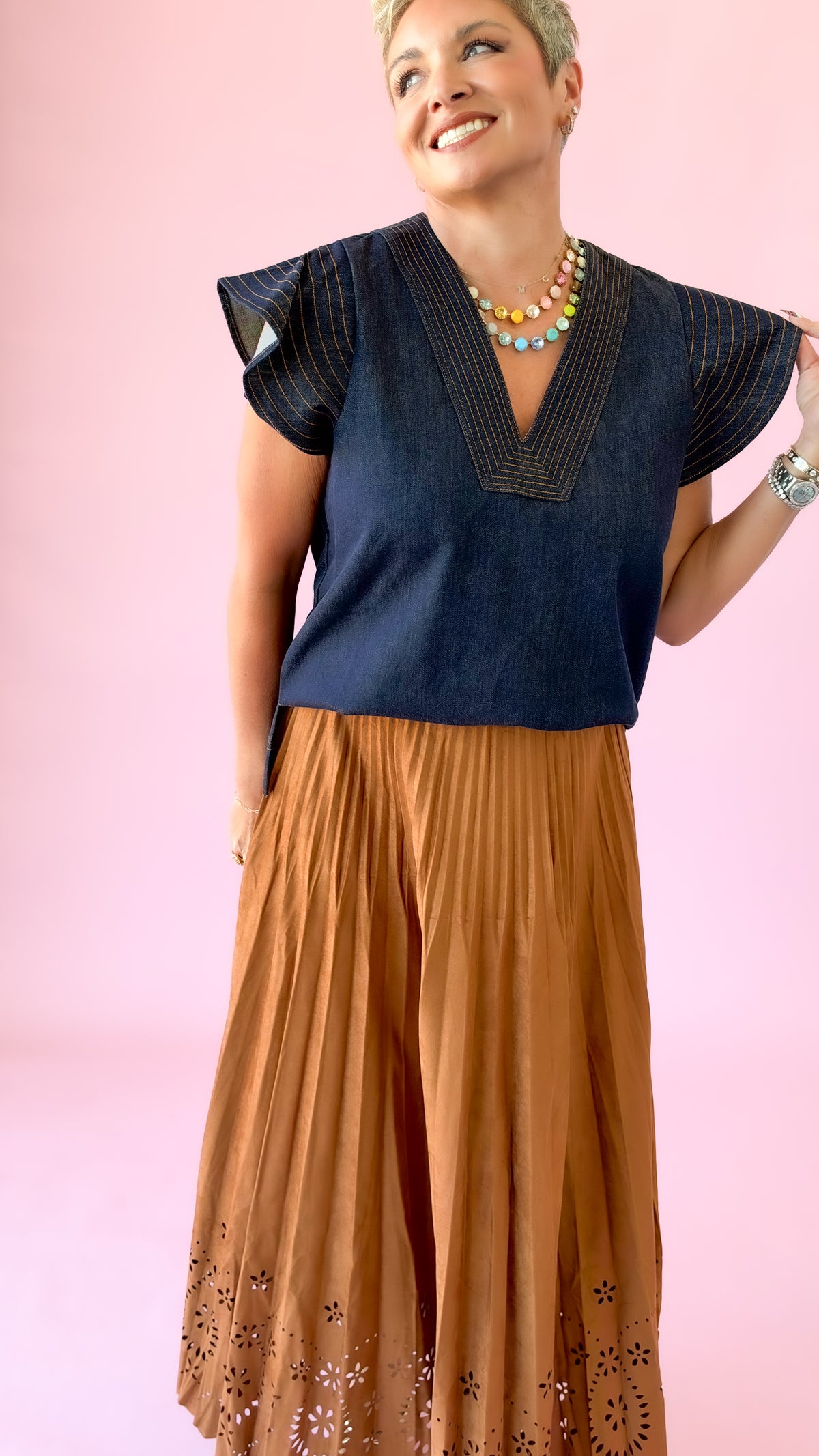 Dahlia Flutter Top/Denim