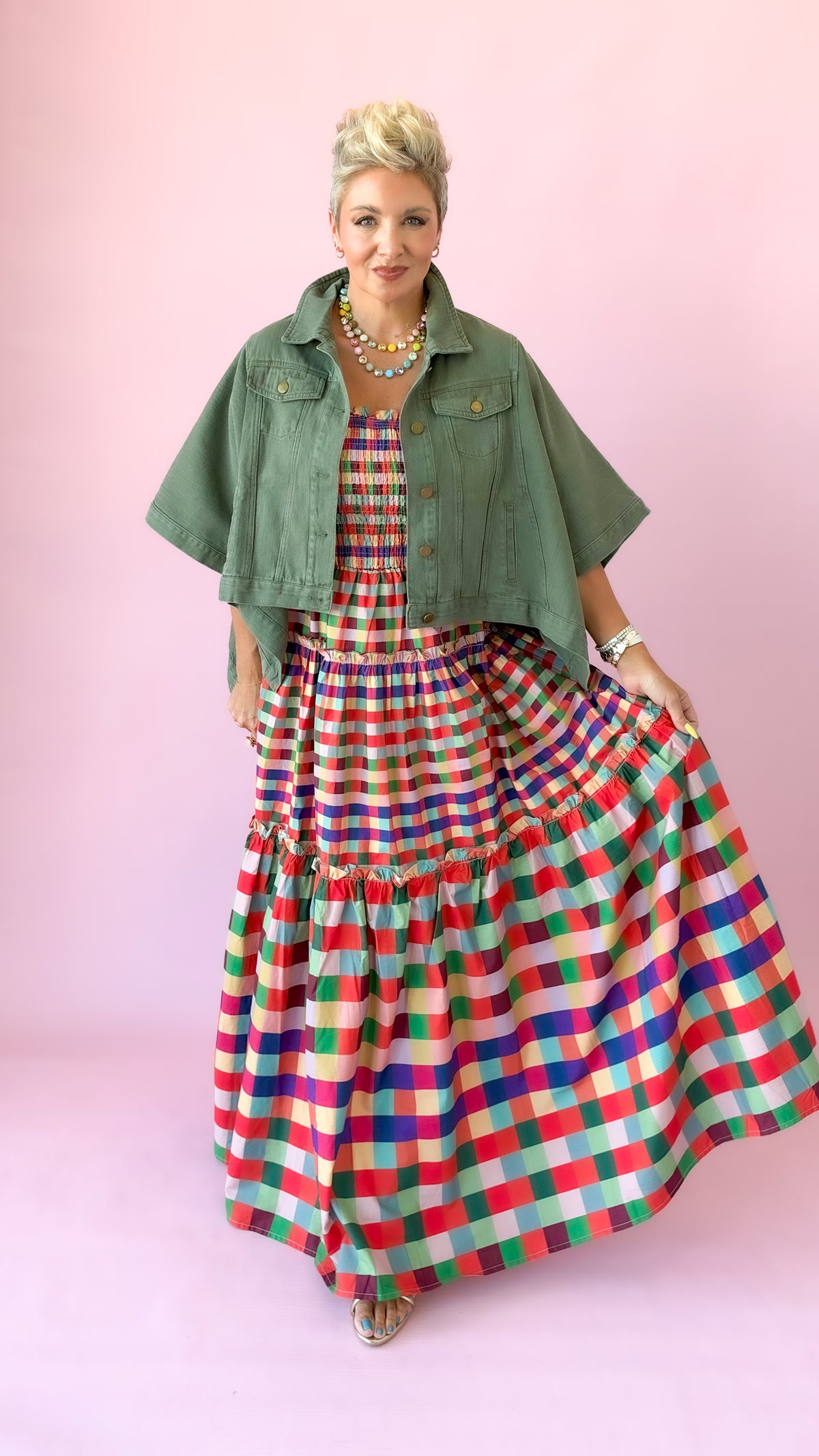 Gingham Tiered Maxi Dress/Multi
