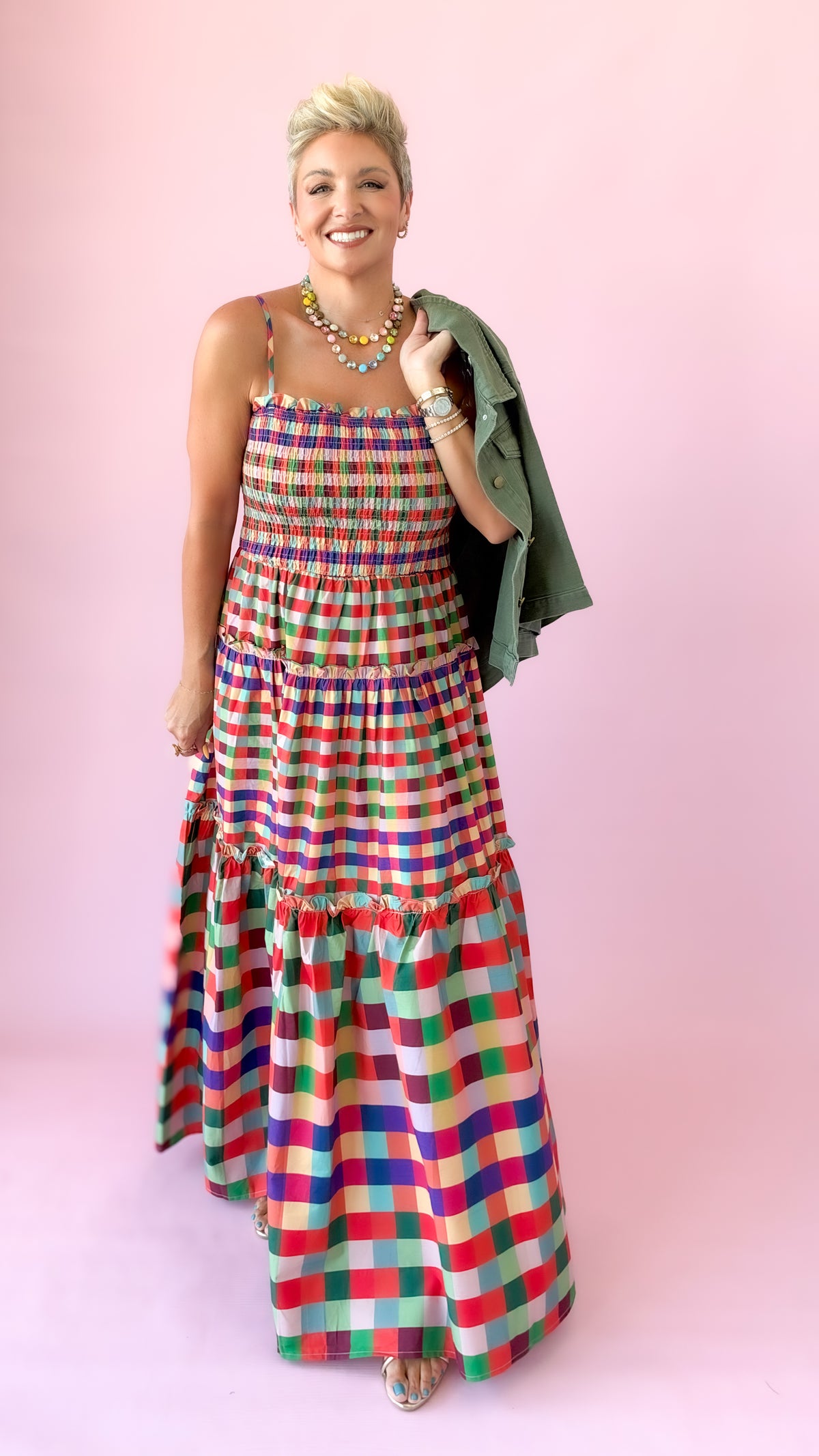 Gingham Tiered Maxi Dress/Multi