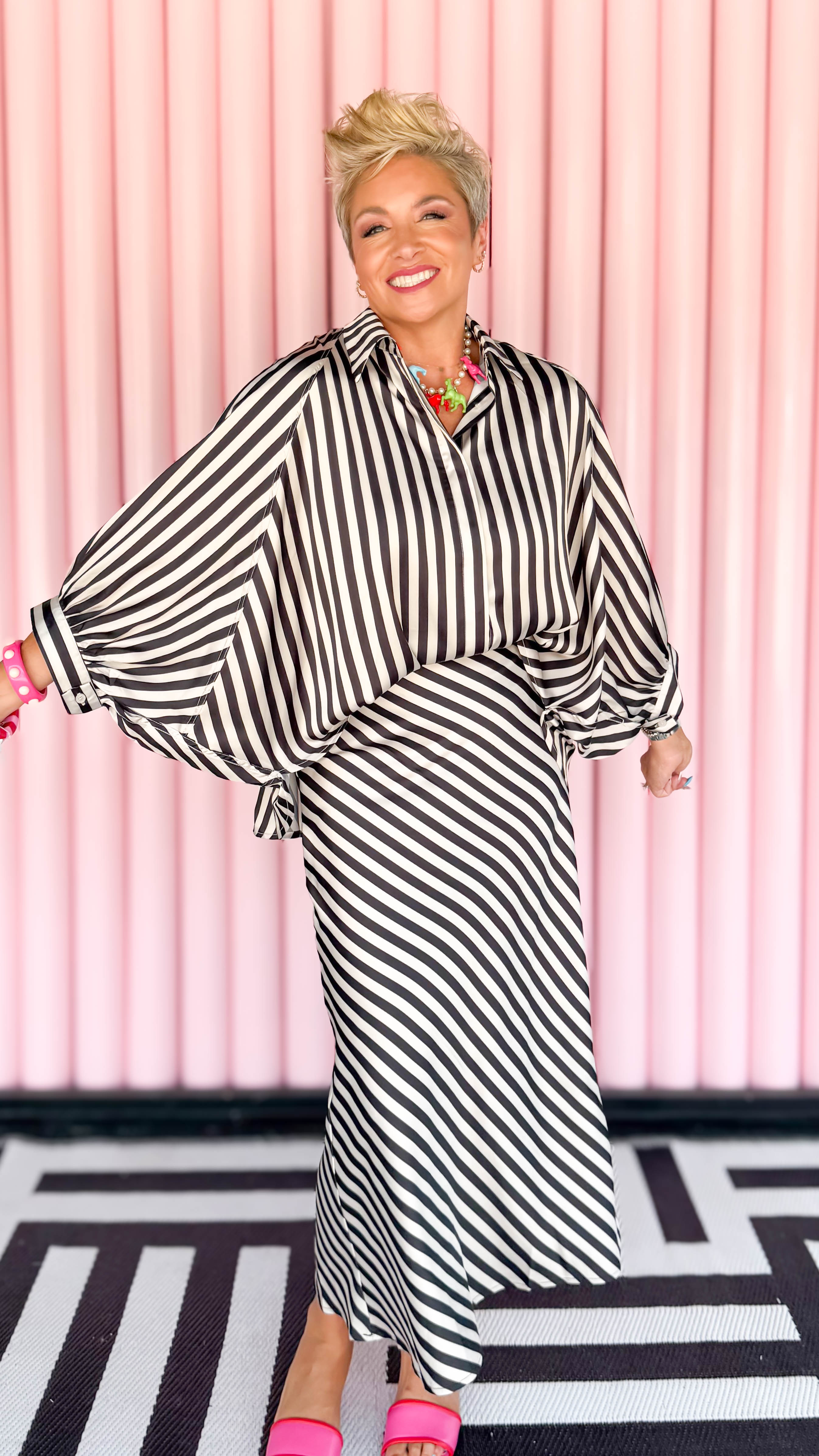 Striped Crinkle Satin Midi Skirt