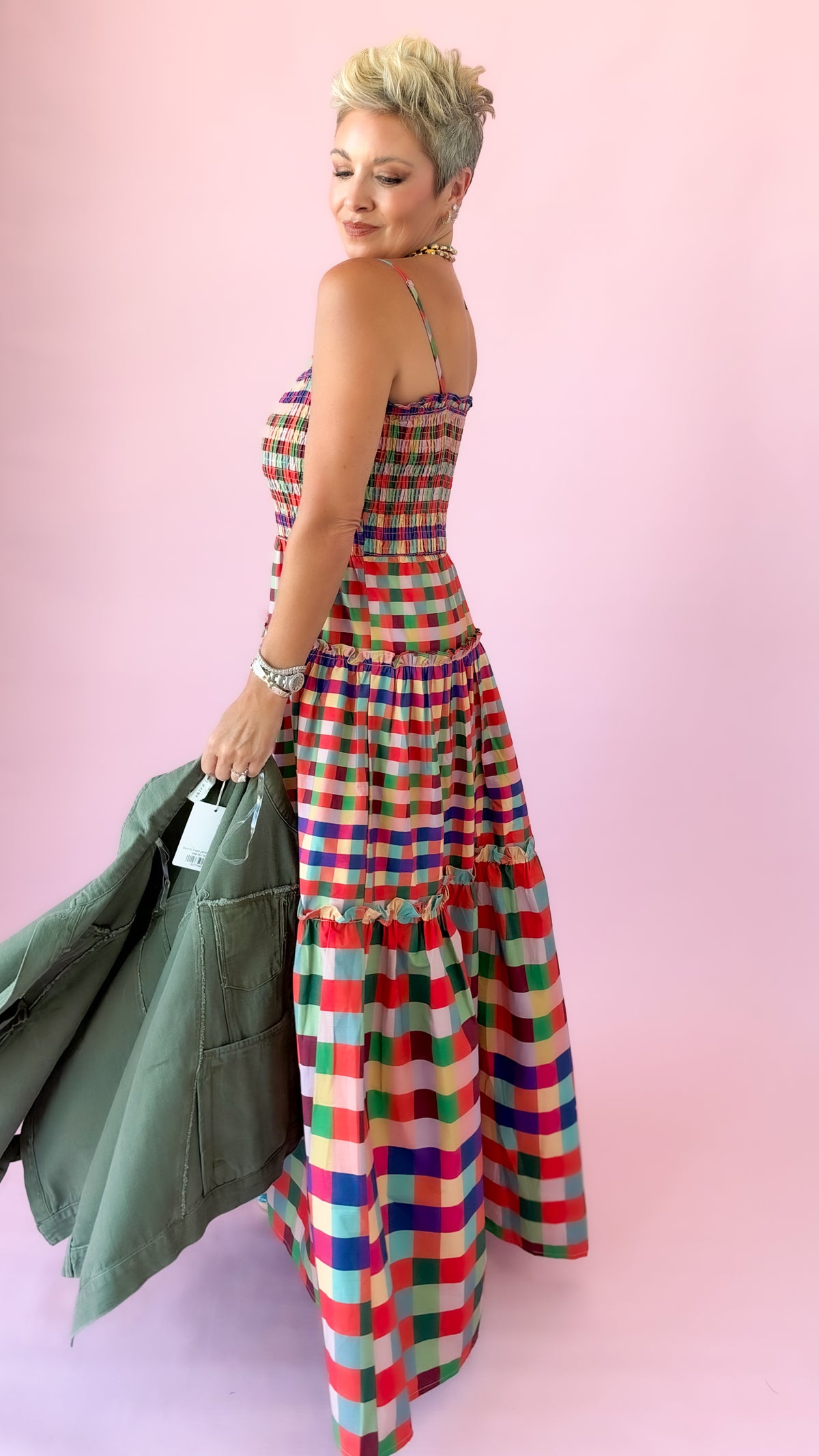 Gingham Tiered Maxi Dress/Multi