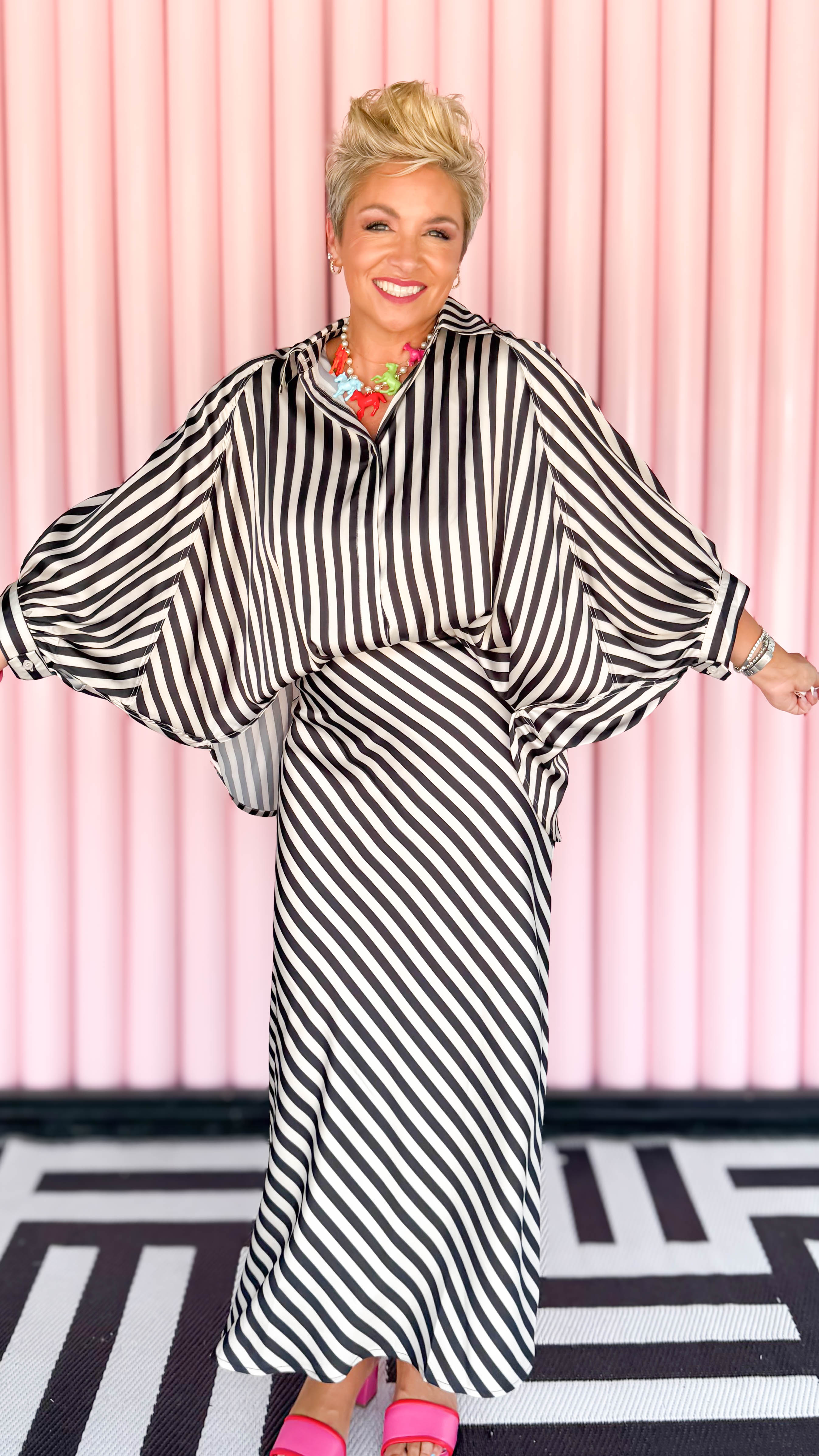 Striped Crinkle Satin Midi Skirt