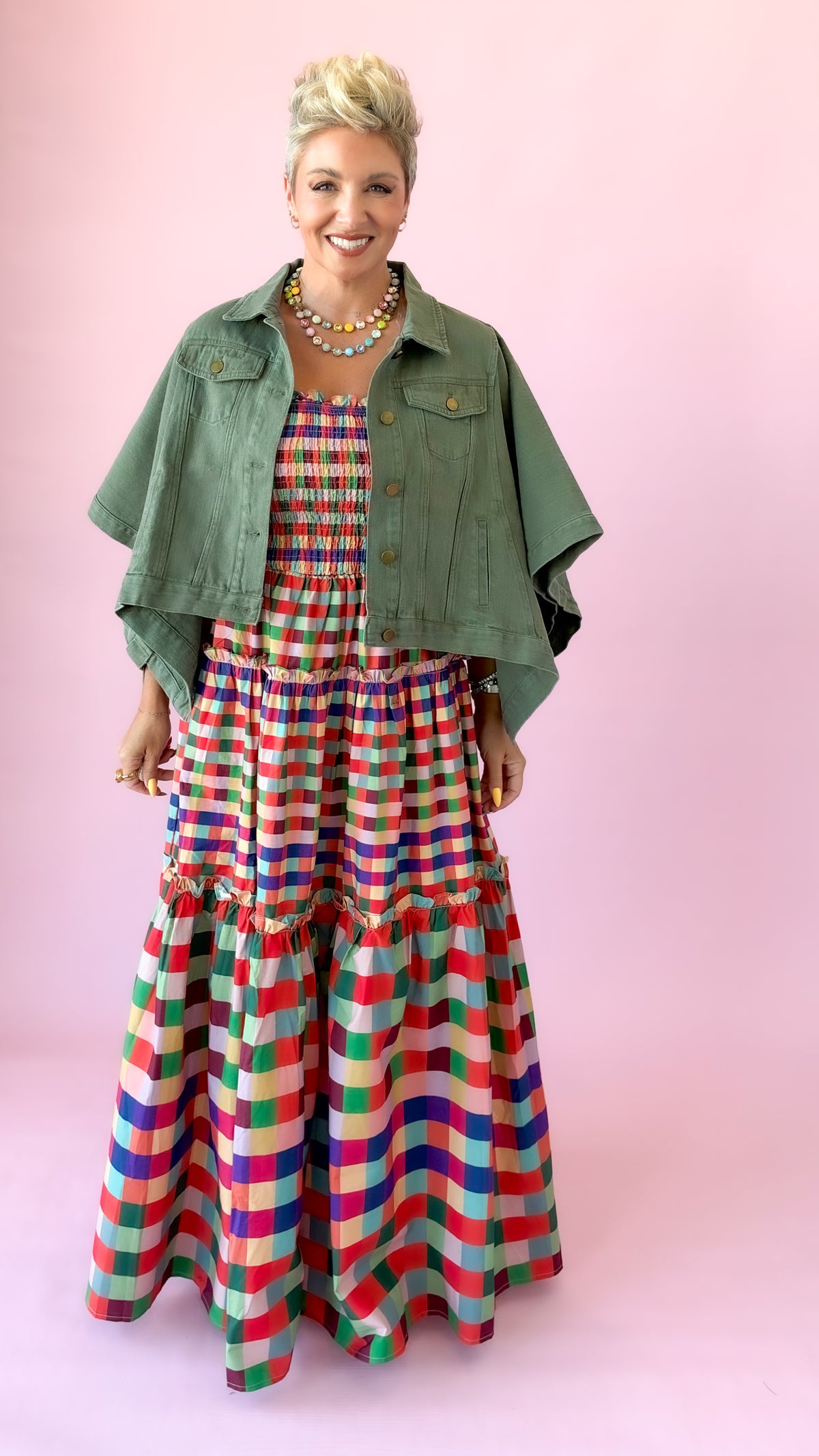 Gingham Tiered Maxi Dress/Multi