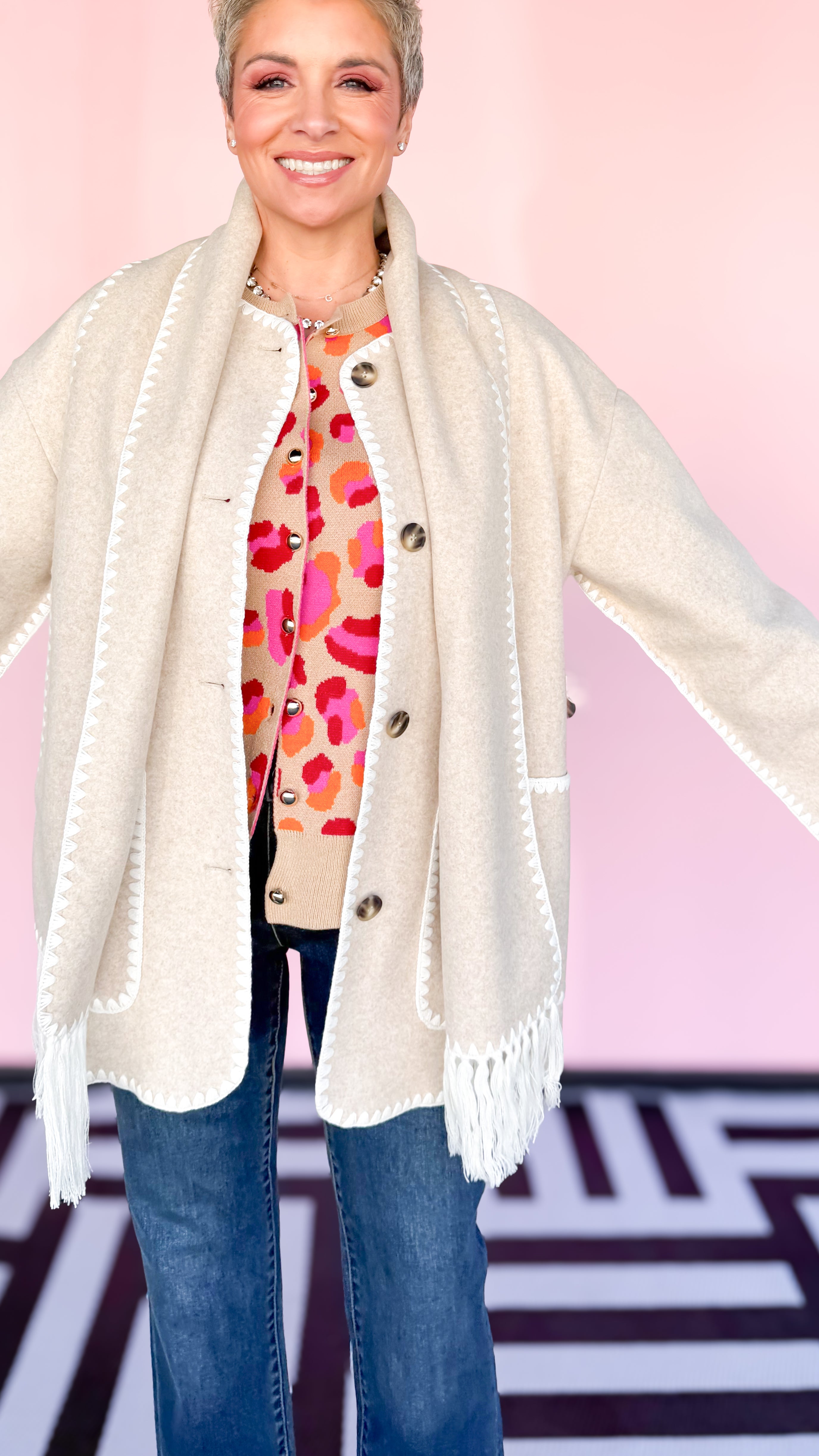 Button Coat w/Detachable Scarf/Latte
