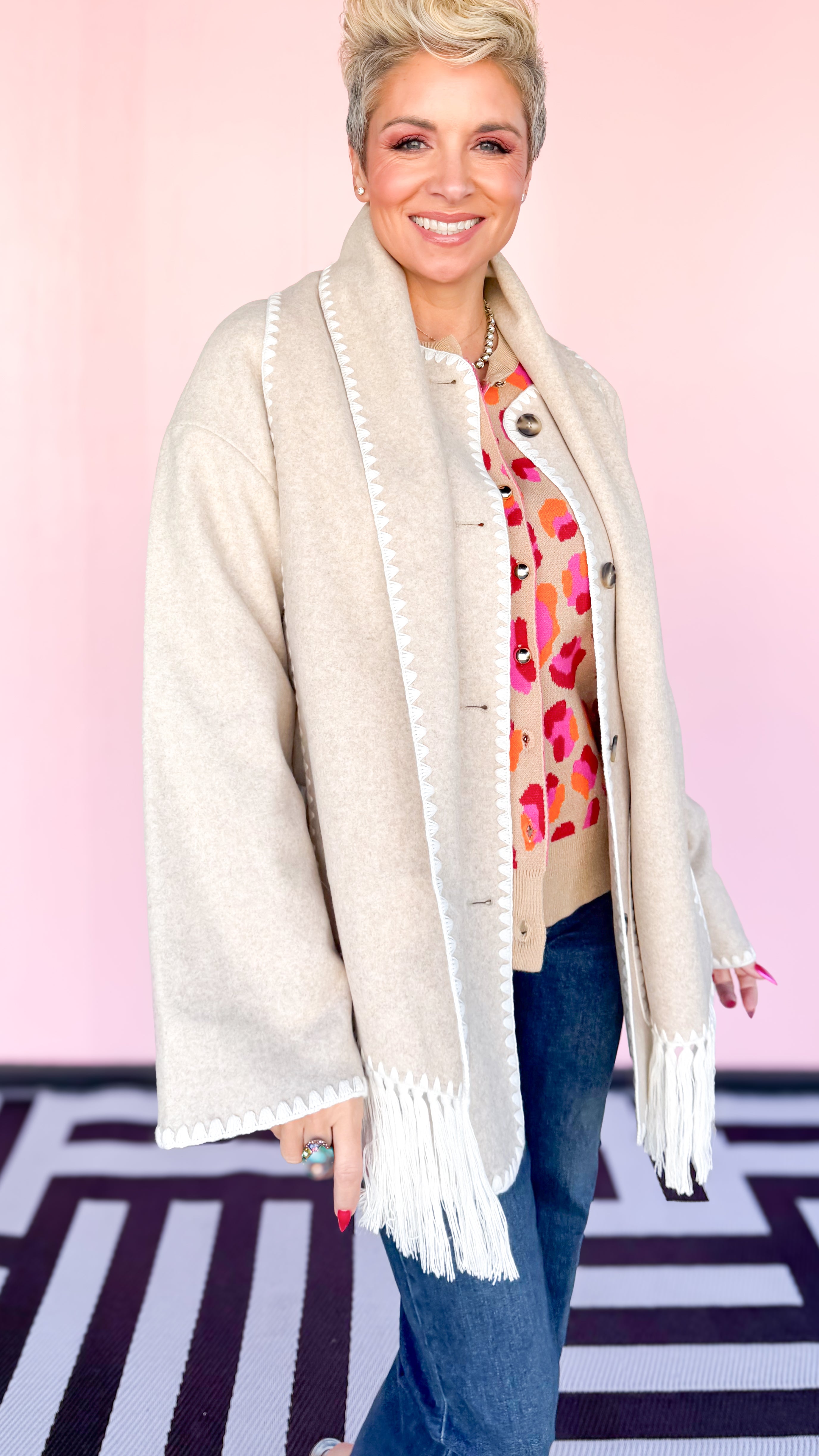 Button Coat w/Detachable Scarf/Latte