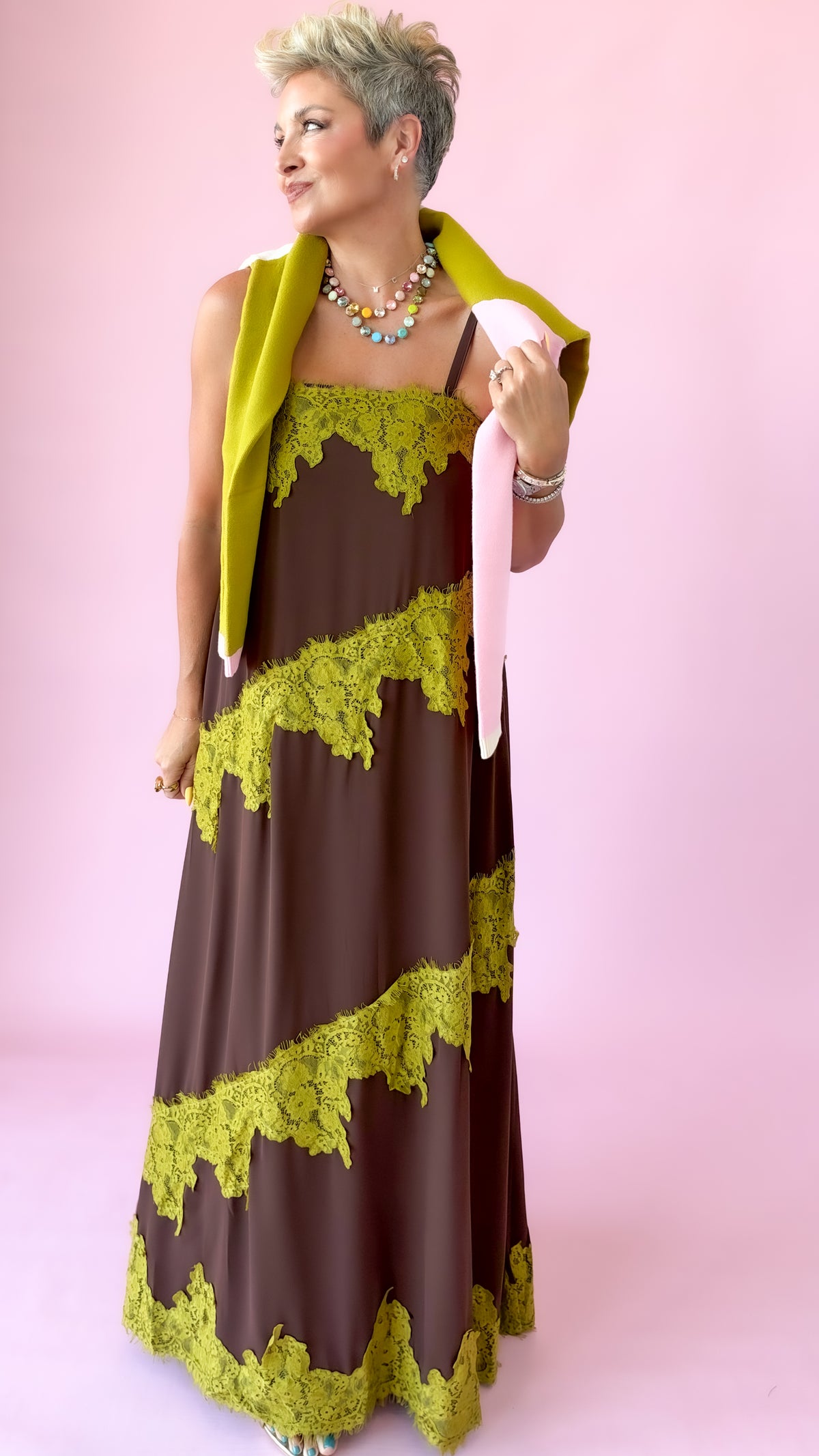 Lace Tiered Maxi Dress/Brown