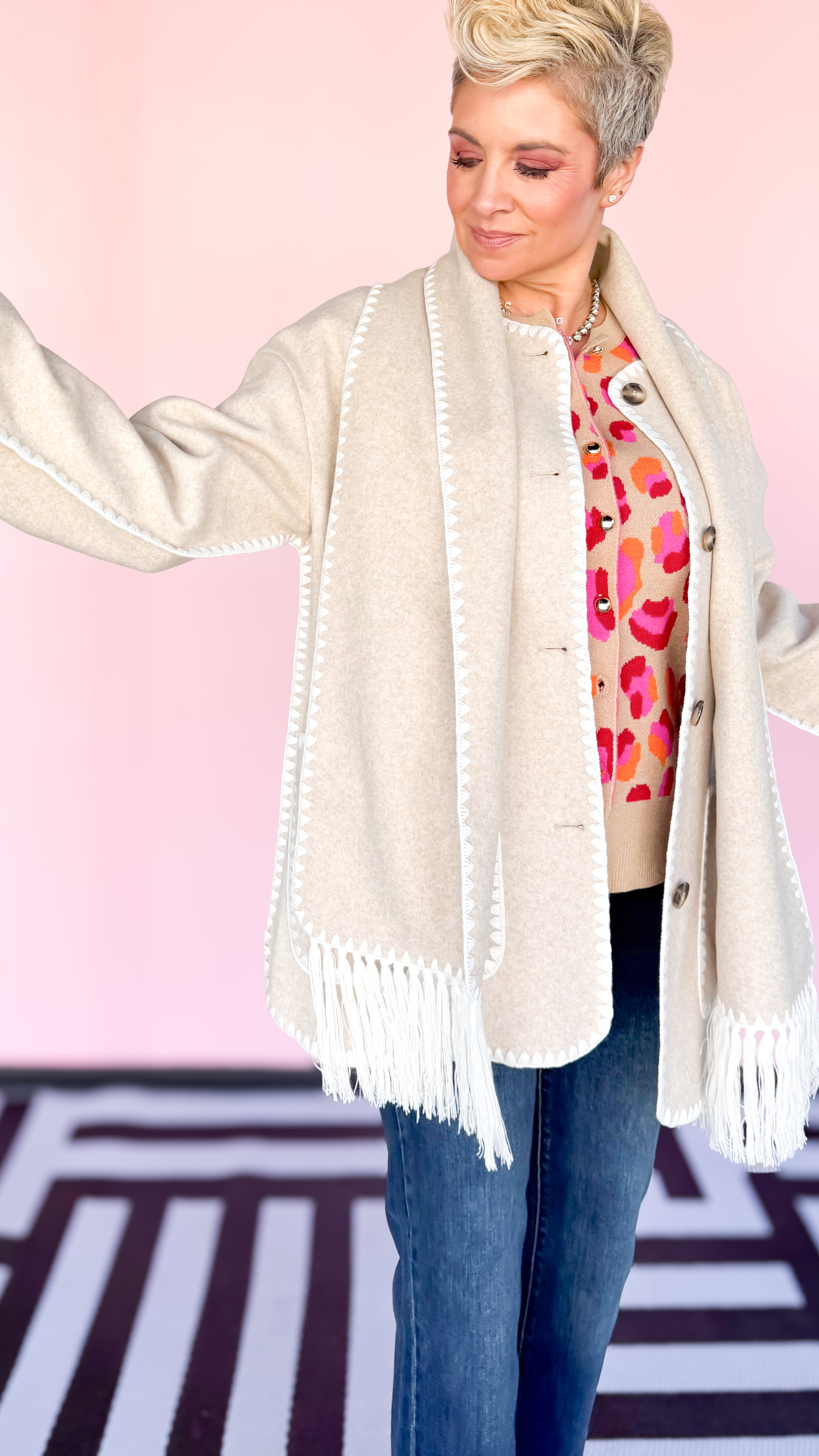 Button Coat w/Detachable Scarf/Latte