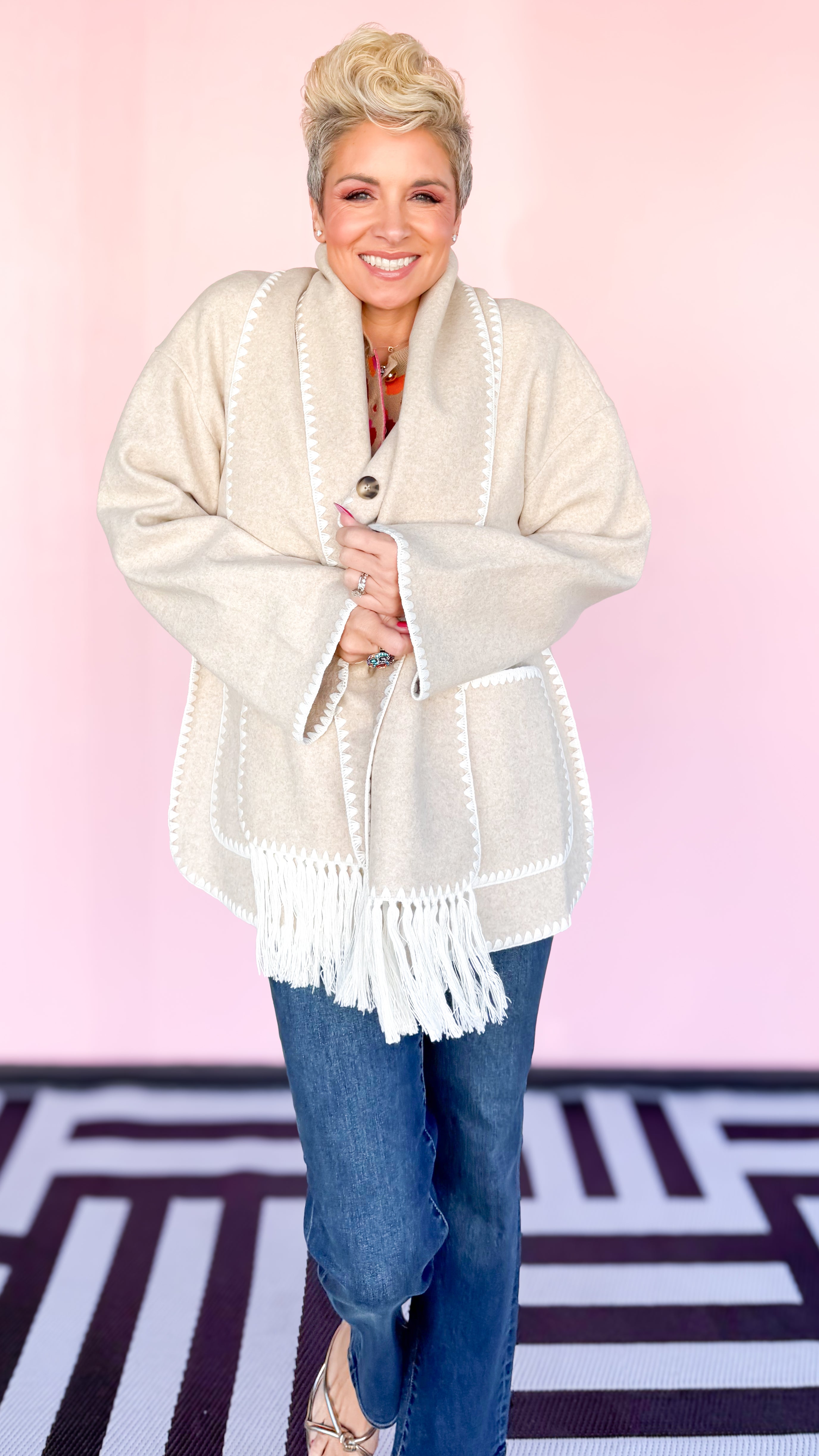 Button Coat w/Detachable Scarf/Latte