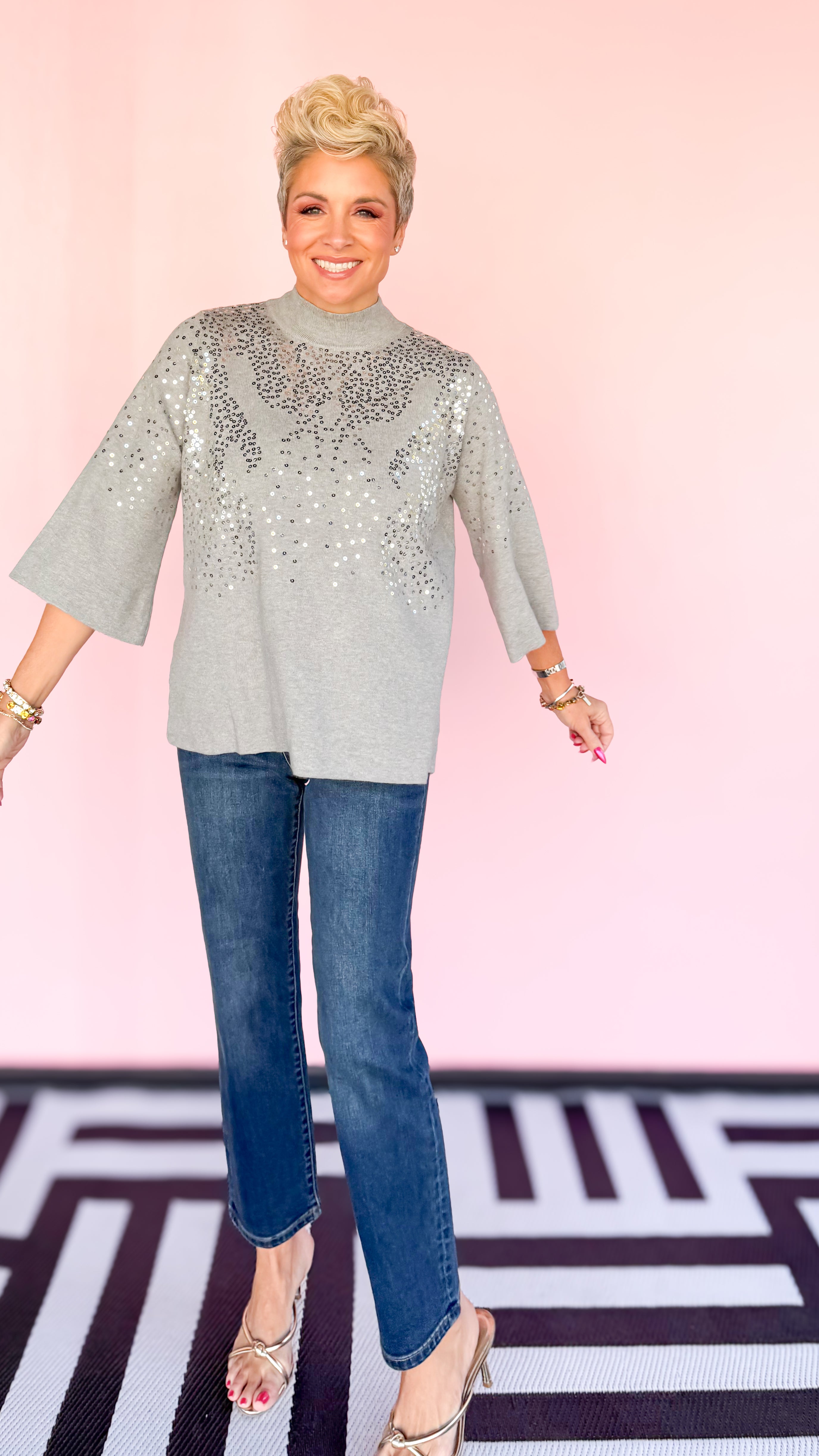 Sequin Embellished Mock Neck Sweater/Grey