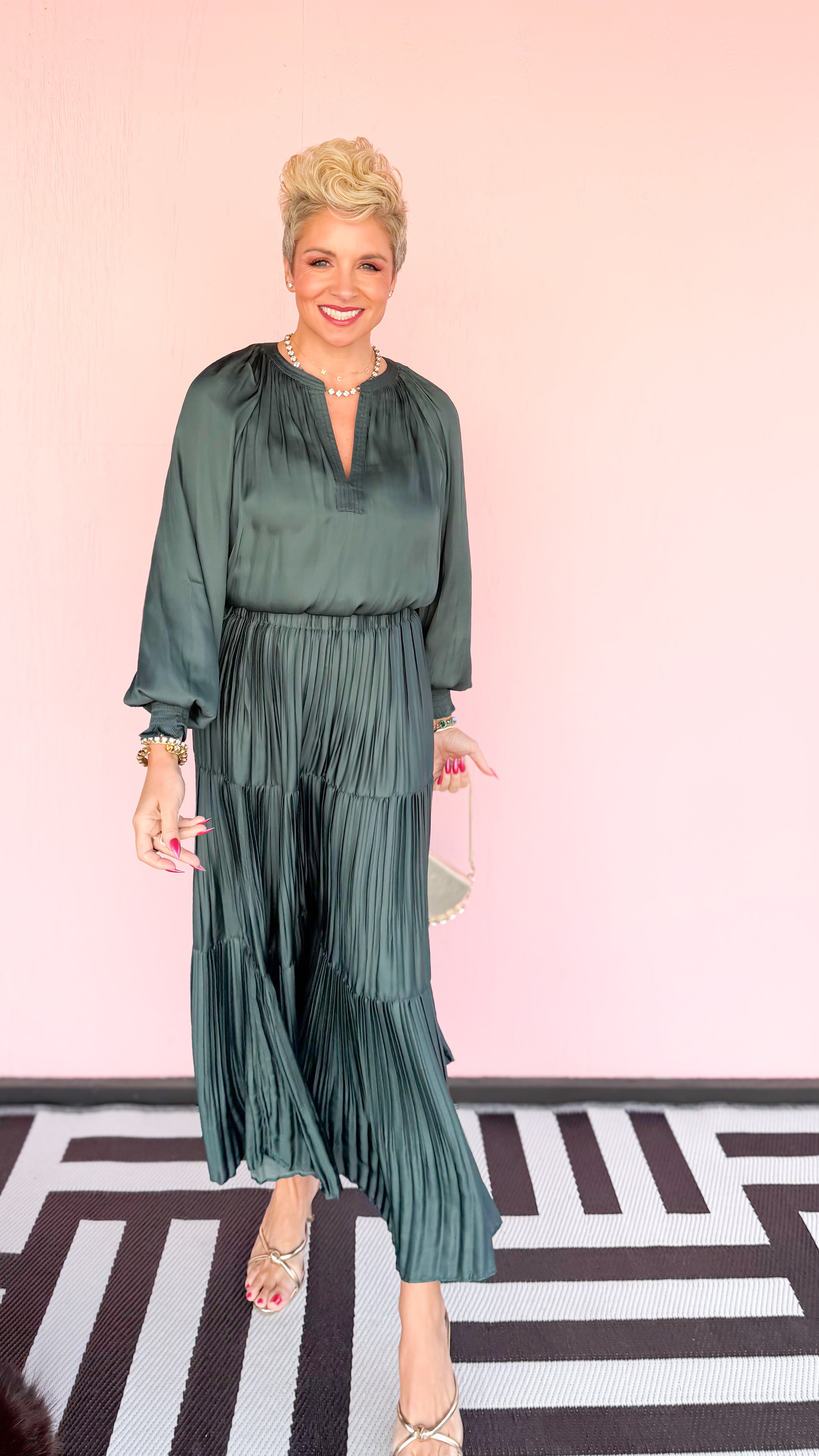 Split Neck Smocked Long Sleeve Blouse