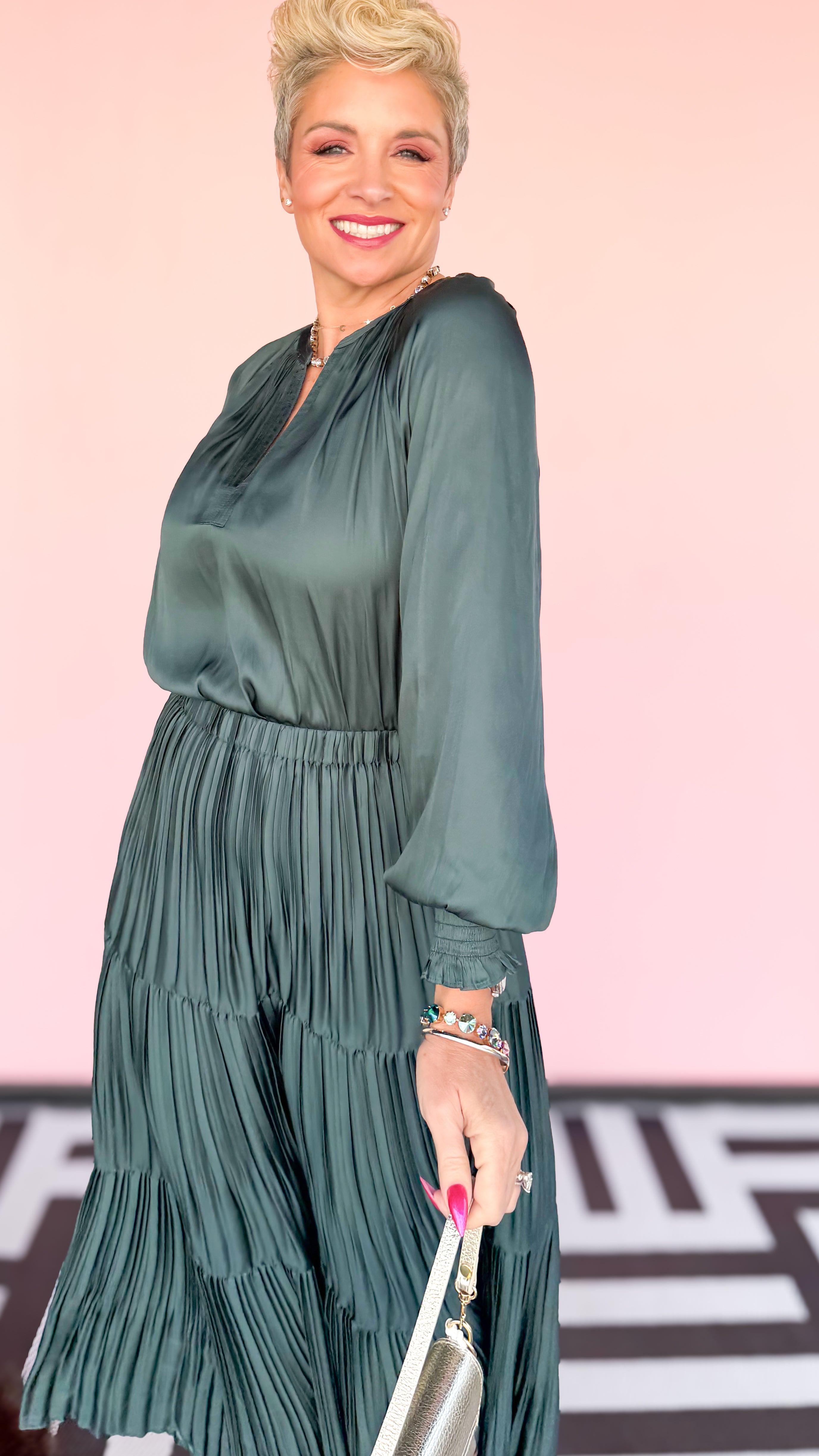 Split Neck Smocked Long Sleeve Blouse