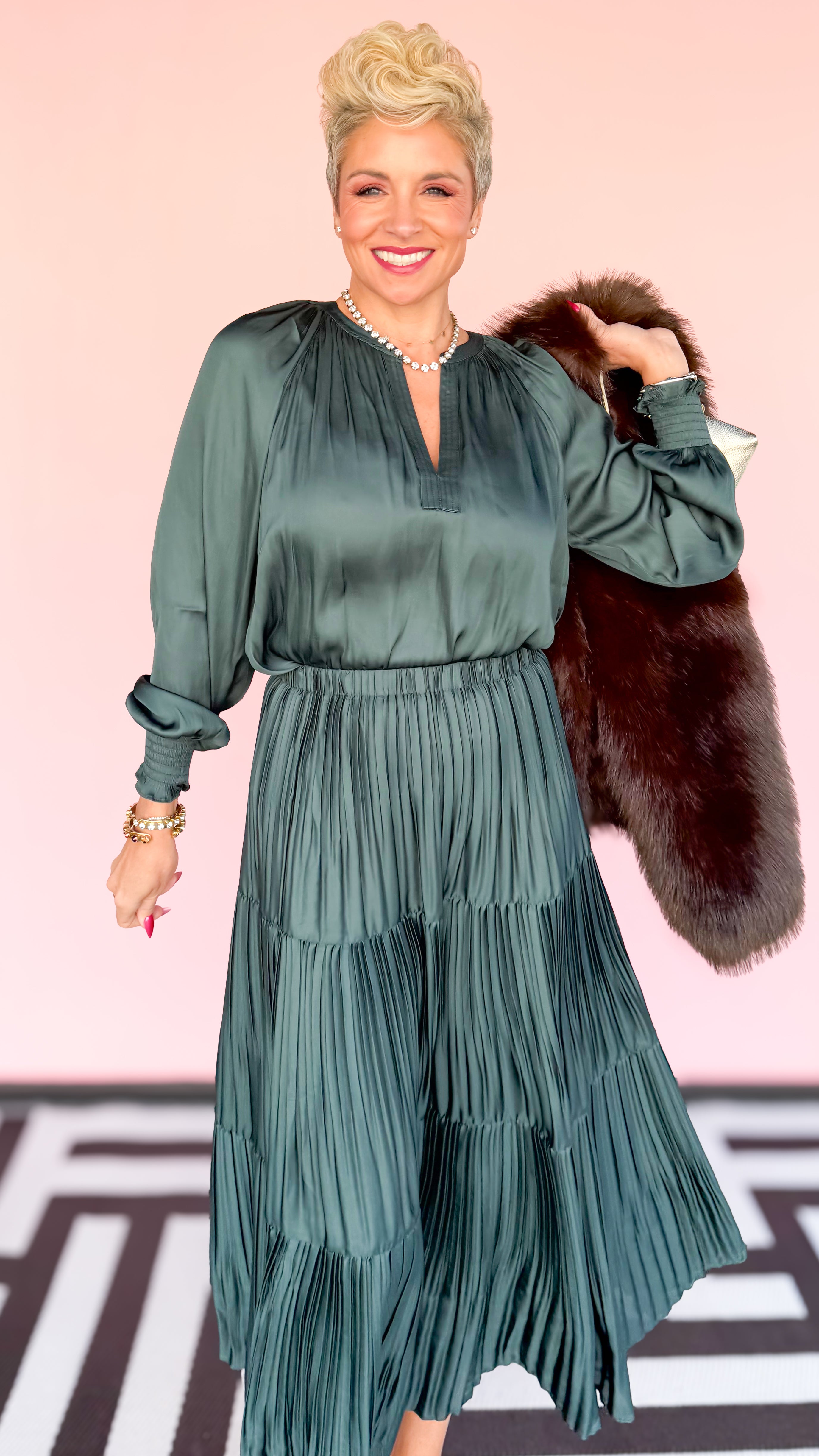 Split Neck Smocked Long Sleeve Blouse