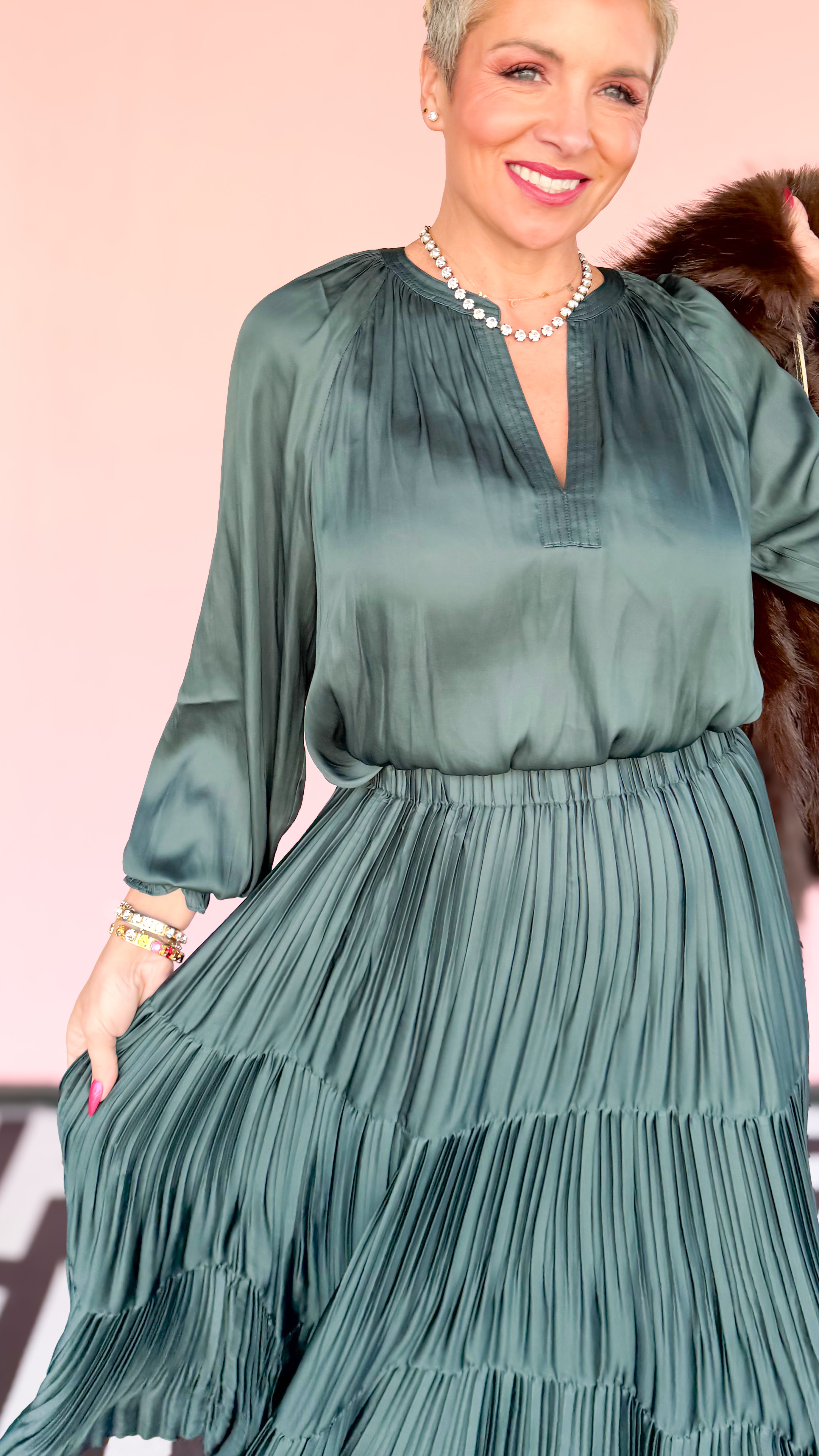 Split Neck Smocked Long Sleeve Blouse