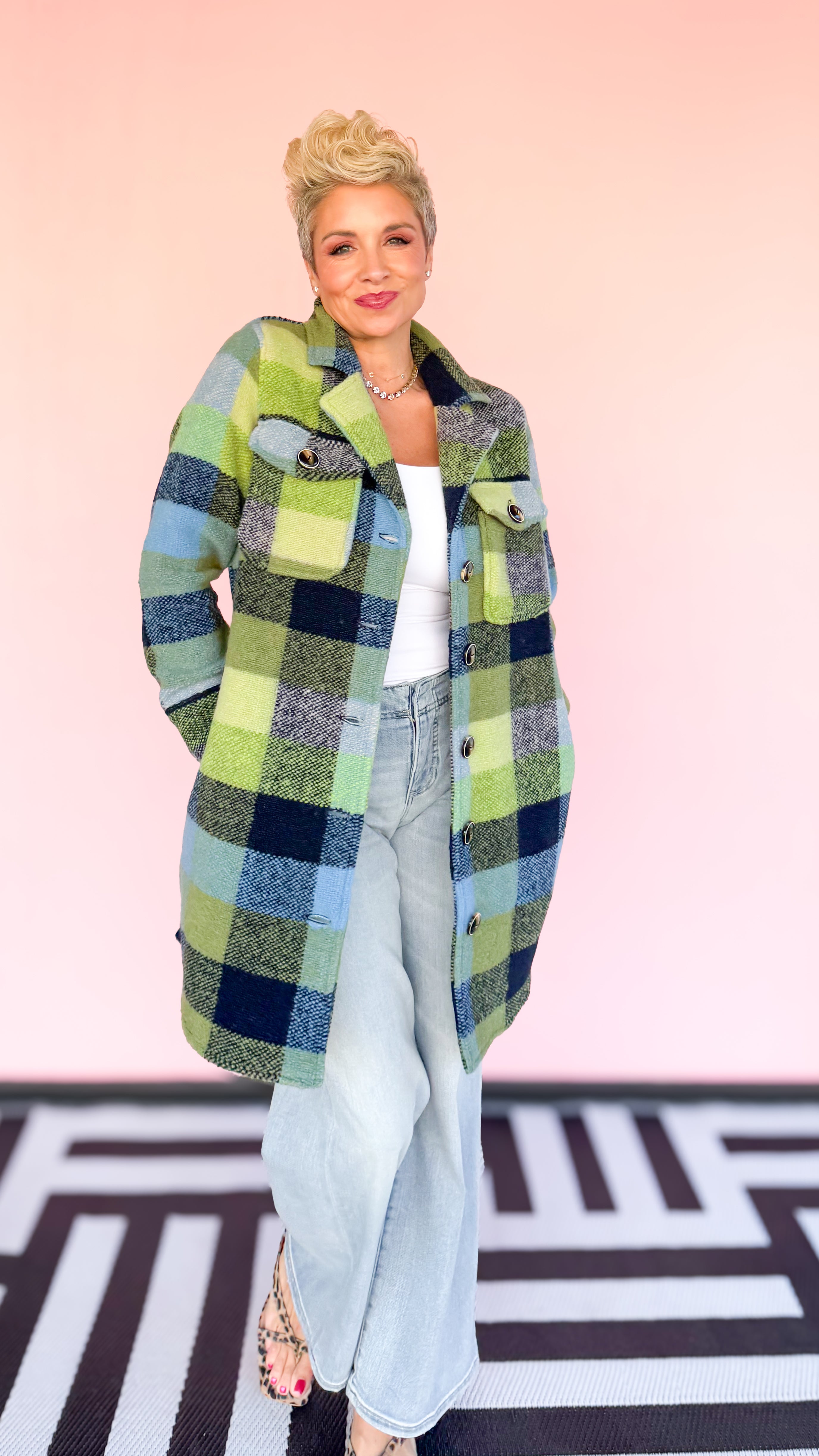 KNIT PLAID NOTCH COLLAR SHACKET