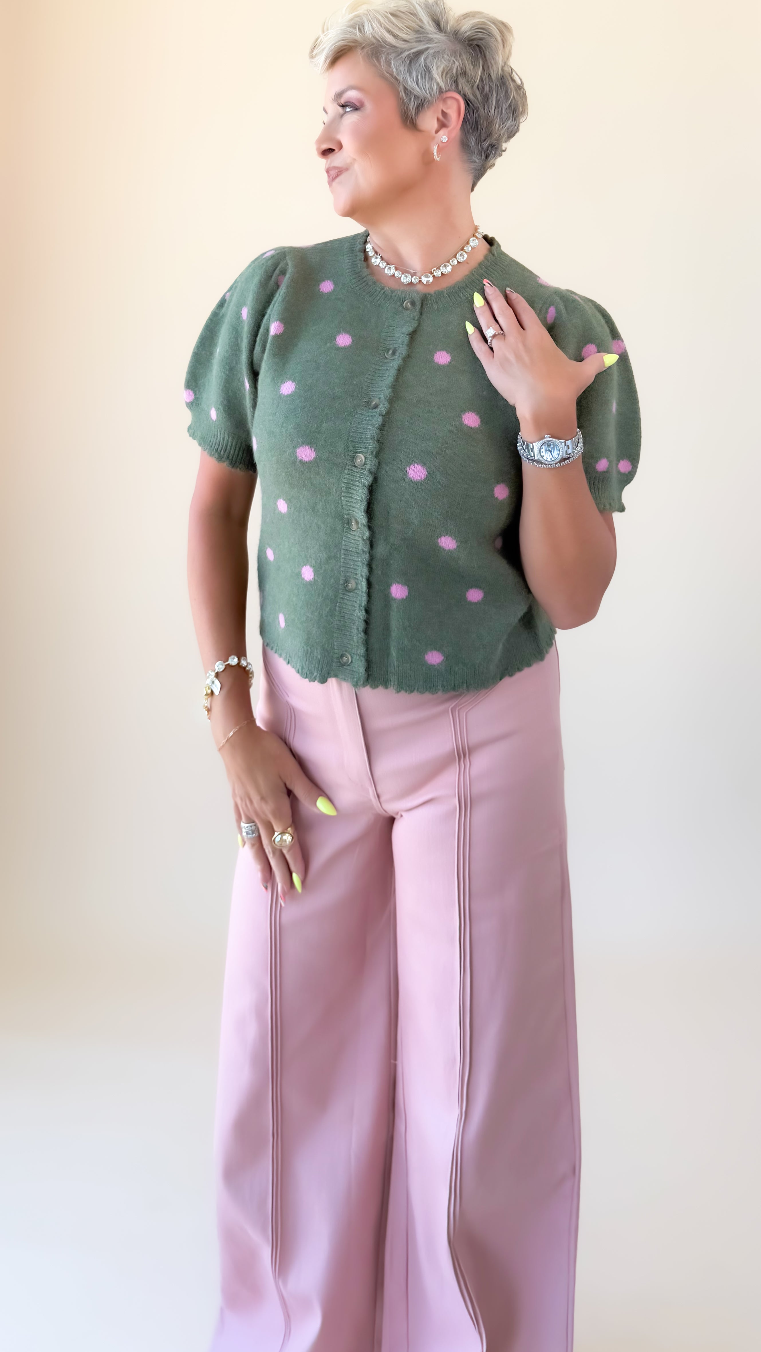 Andrea Polka Dot Cardigan/Olive