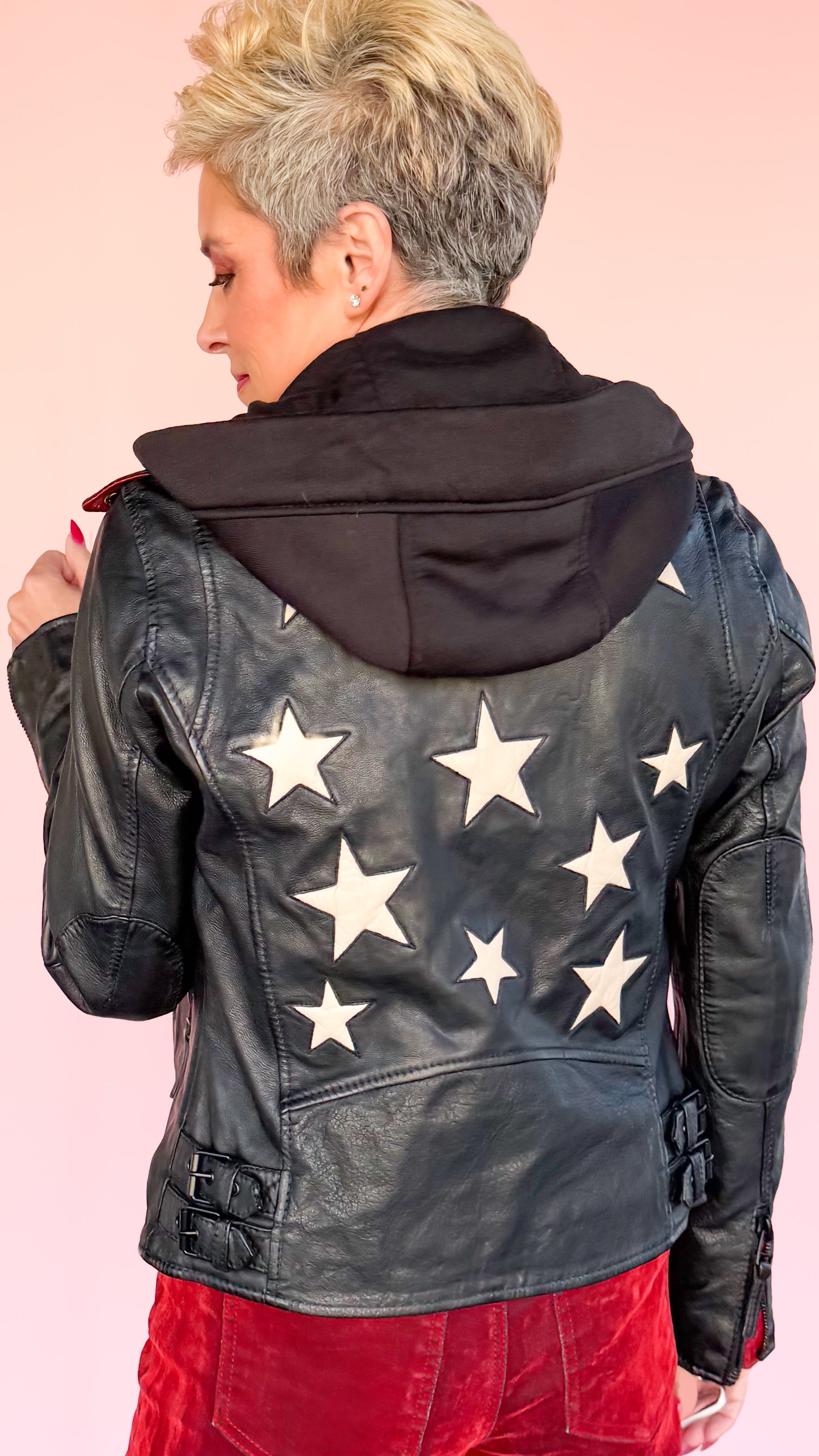 Star Leather Jacket Removable Hood/Black