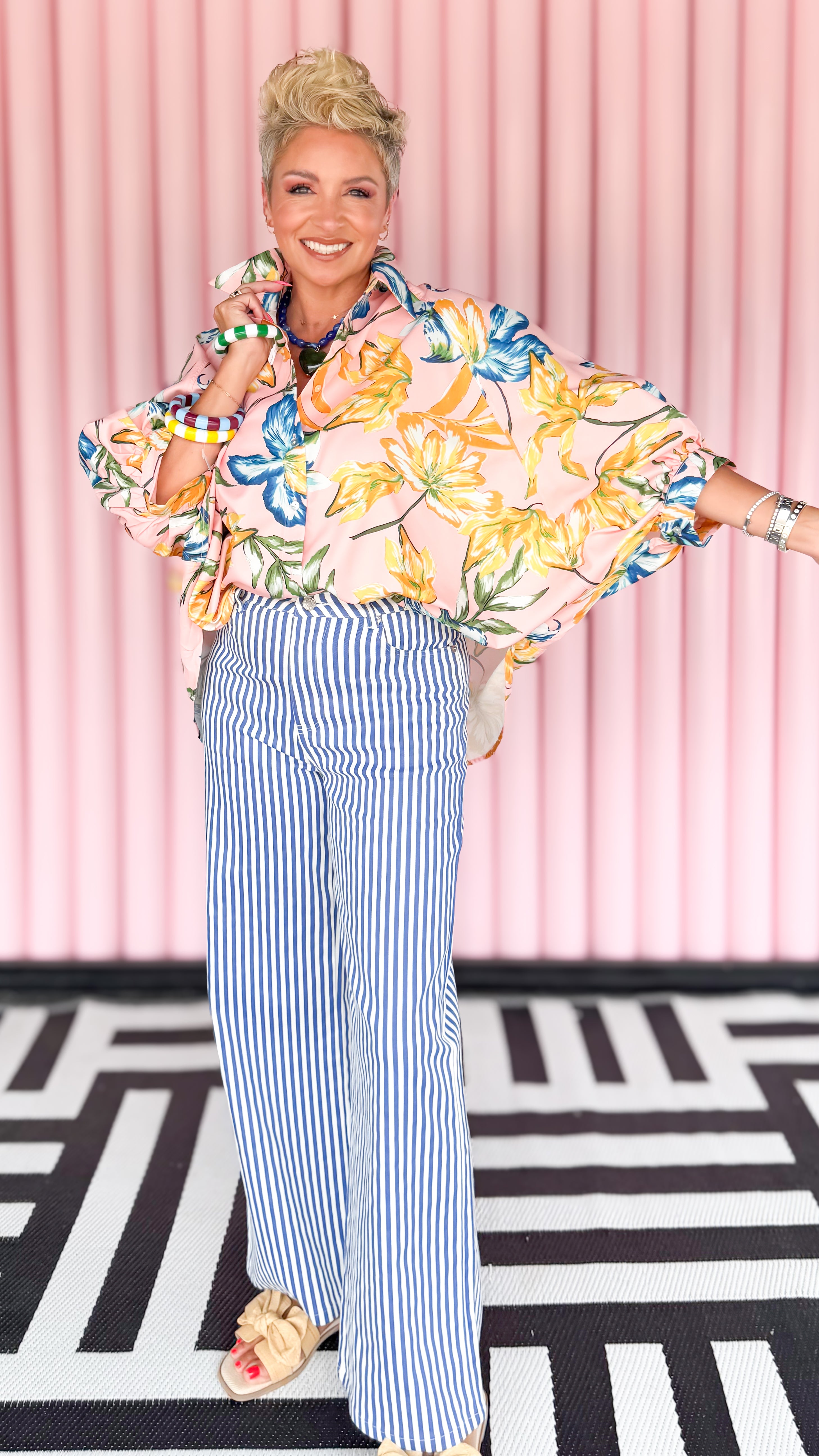 Striped Wide Leg Jeans/Blue