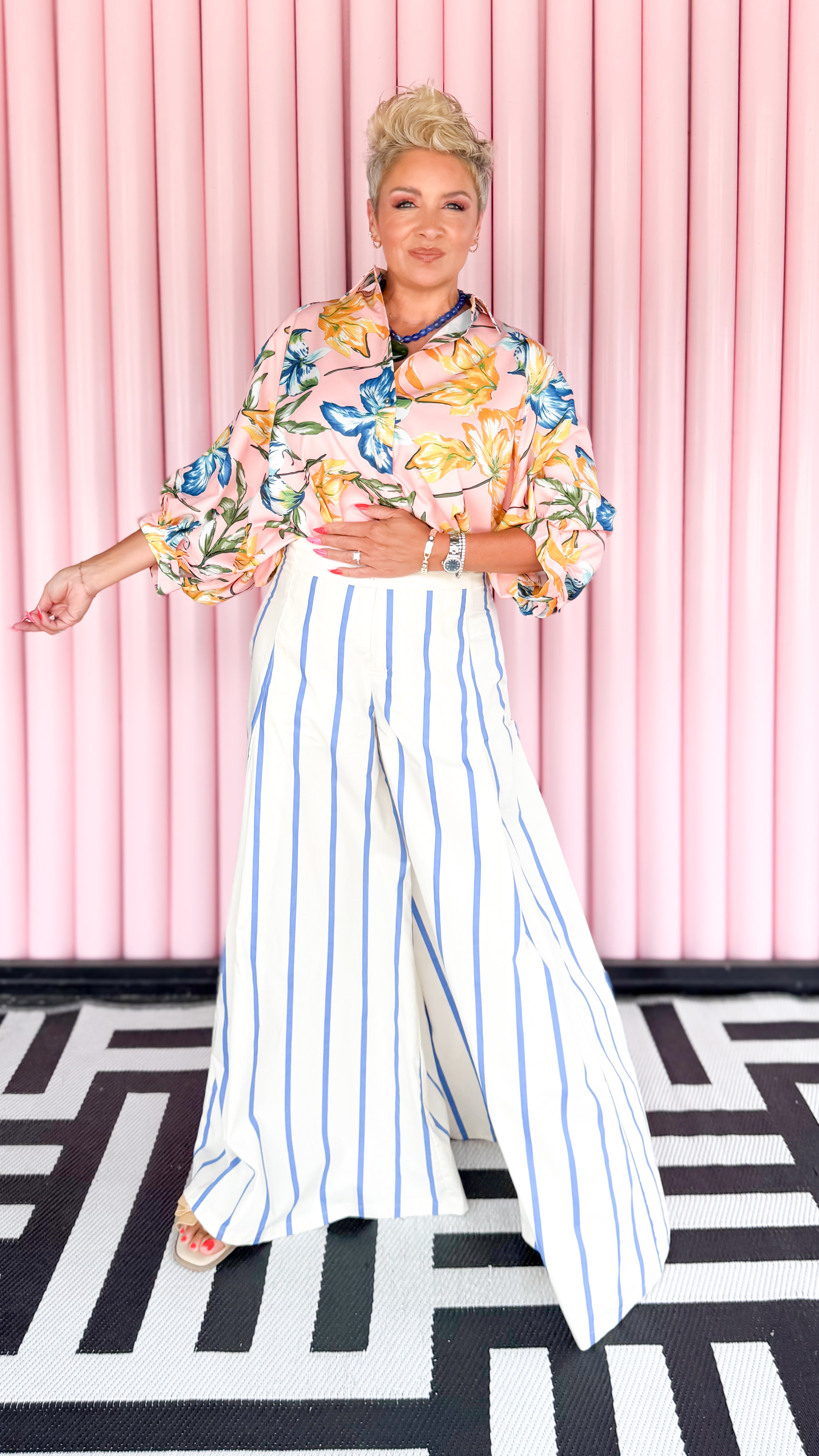 High Waist Striped Wide Leg Pant/Blue