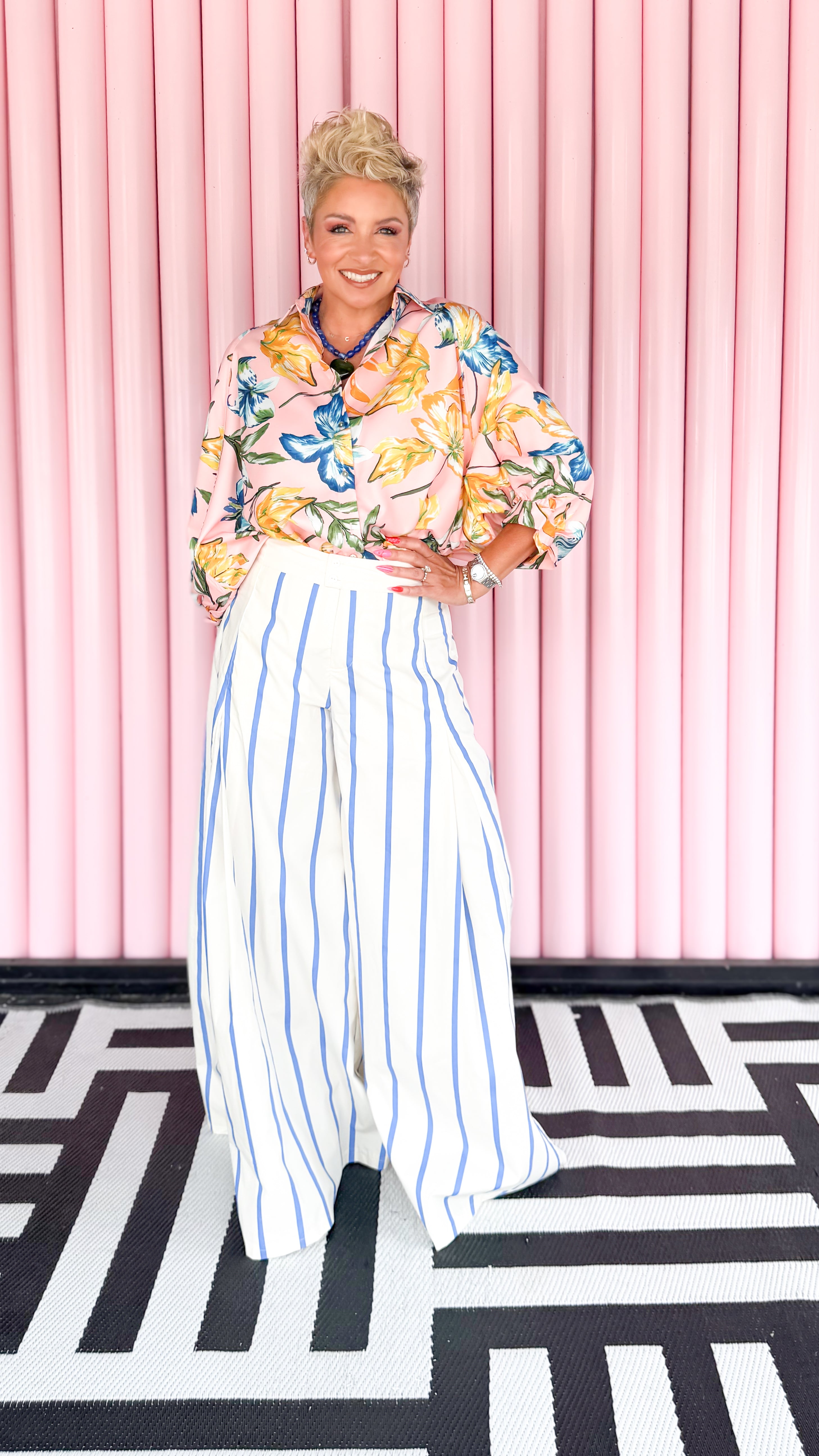 High Waist Striped Wide Leg Pant/Blue