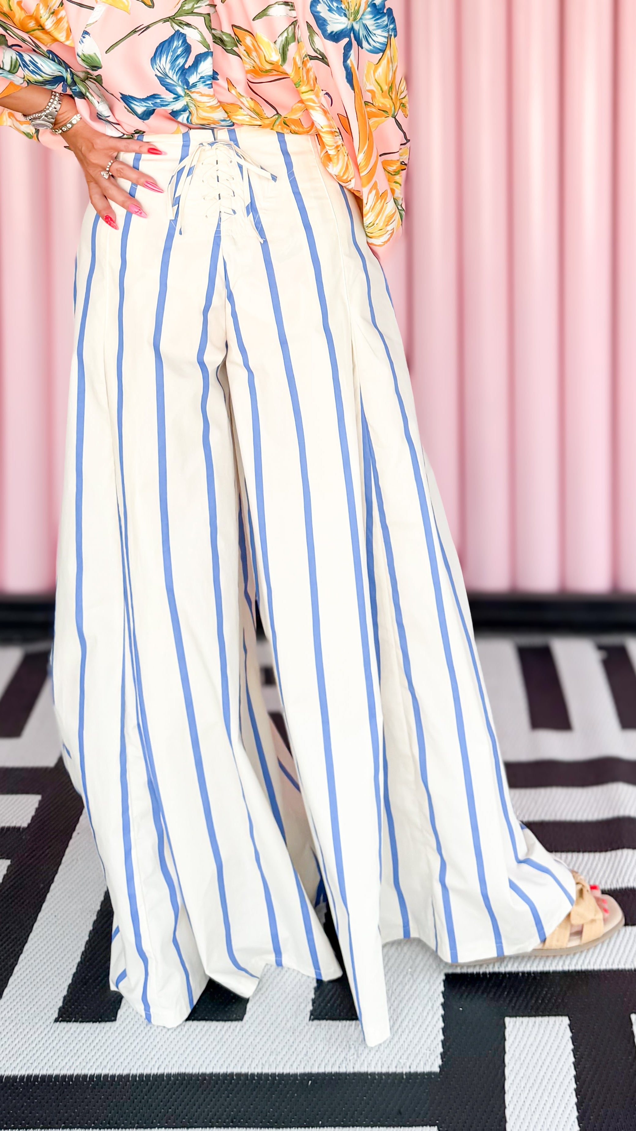 High Waist Striped Wide Leg Pant/Blue