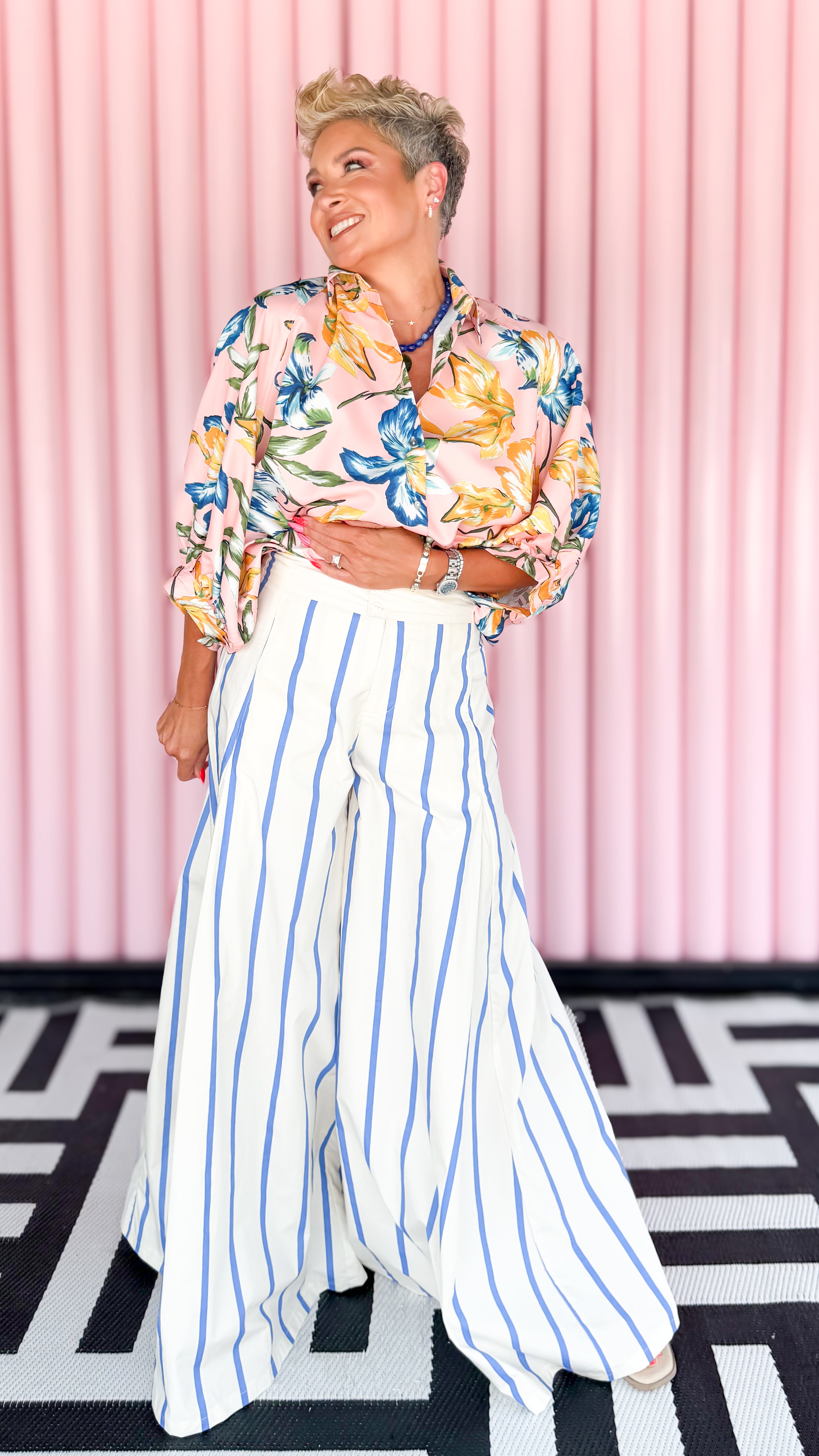 High Waist Striped Wide Leg Pant/Blue