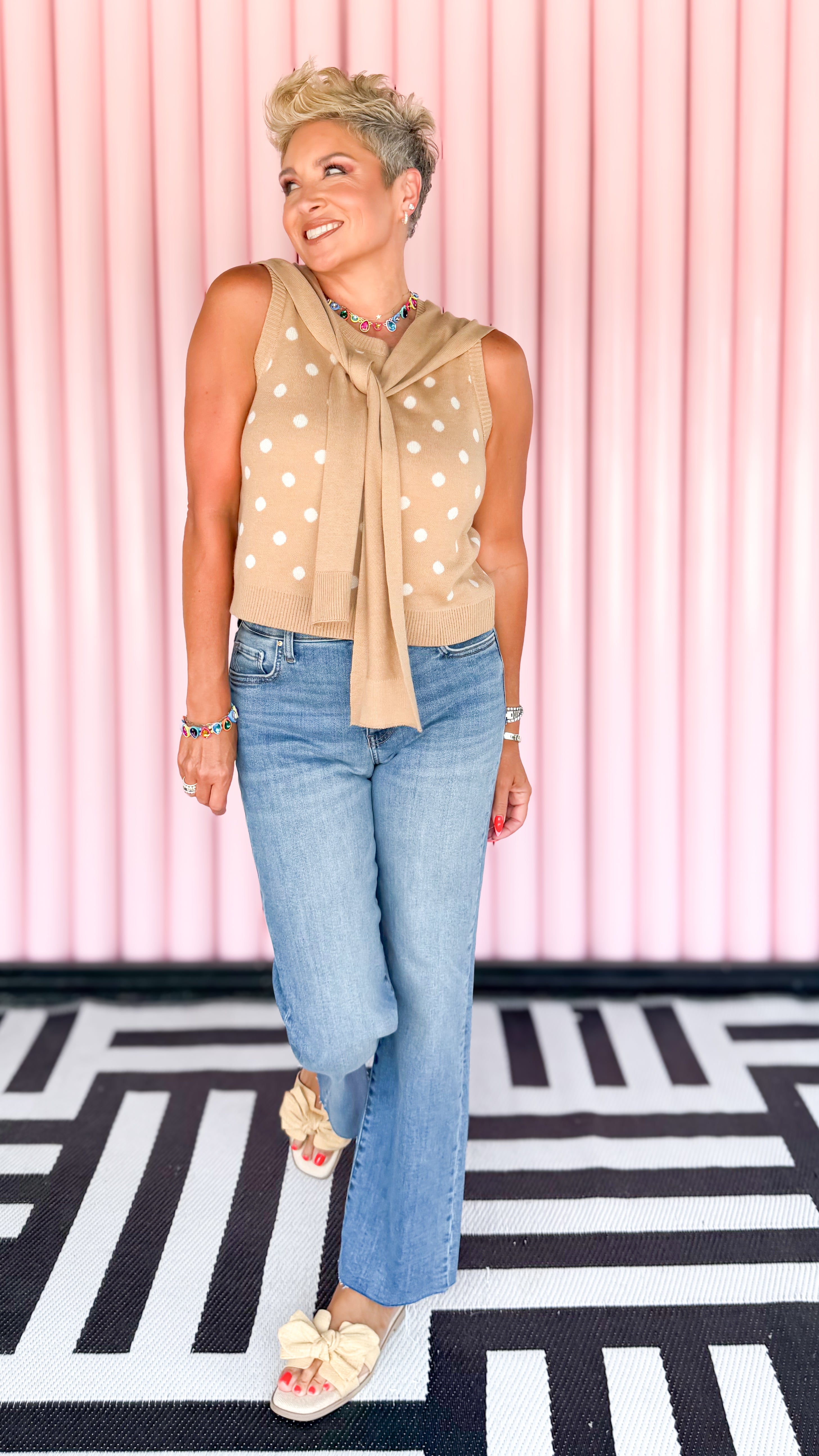 Polka Dot Tie-Front Vest/Camel