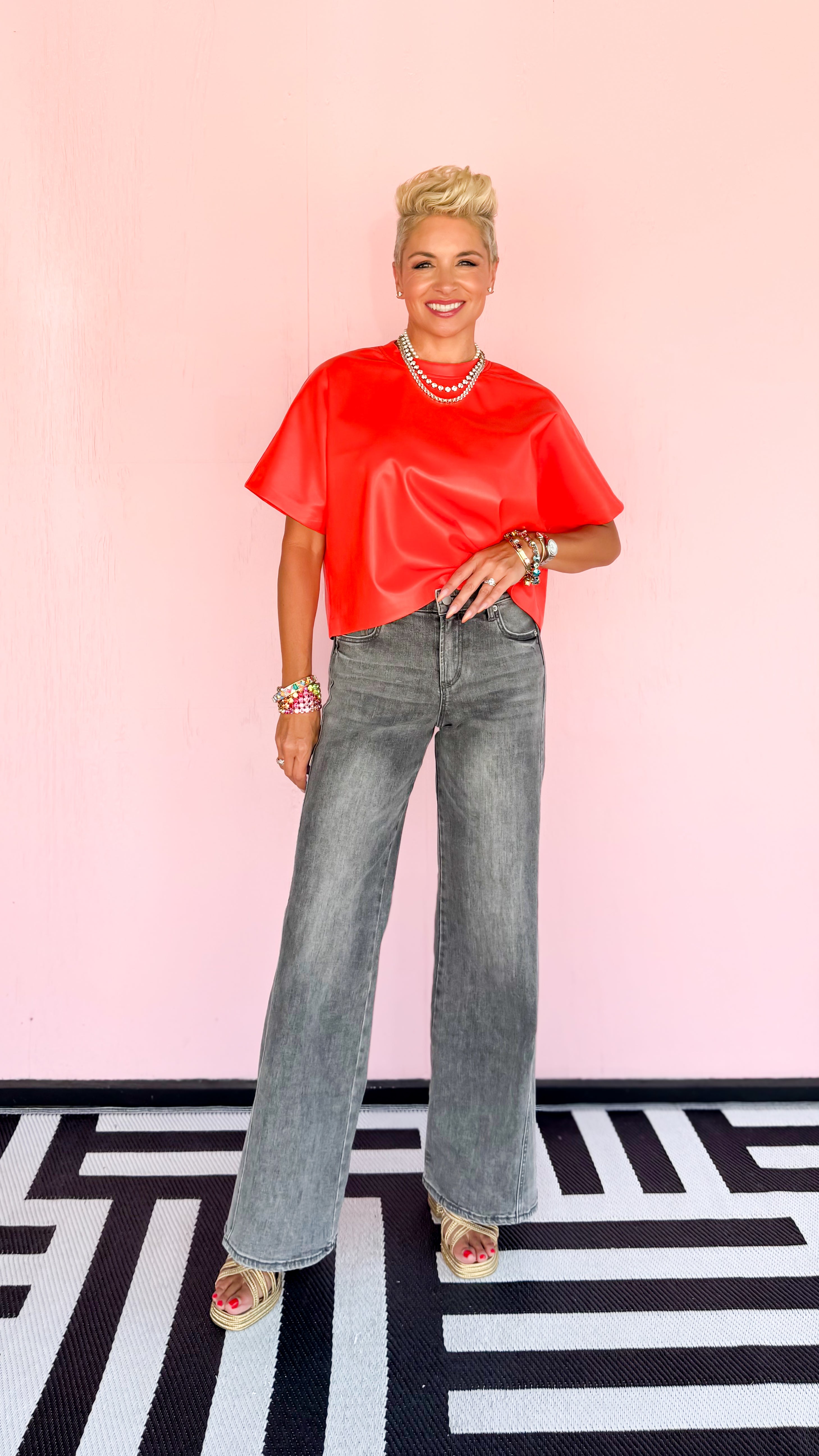 Faux Leather T-Shirt/Orange-Red
