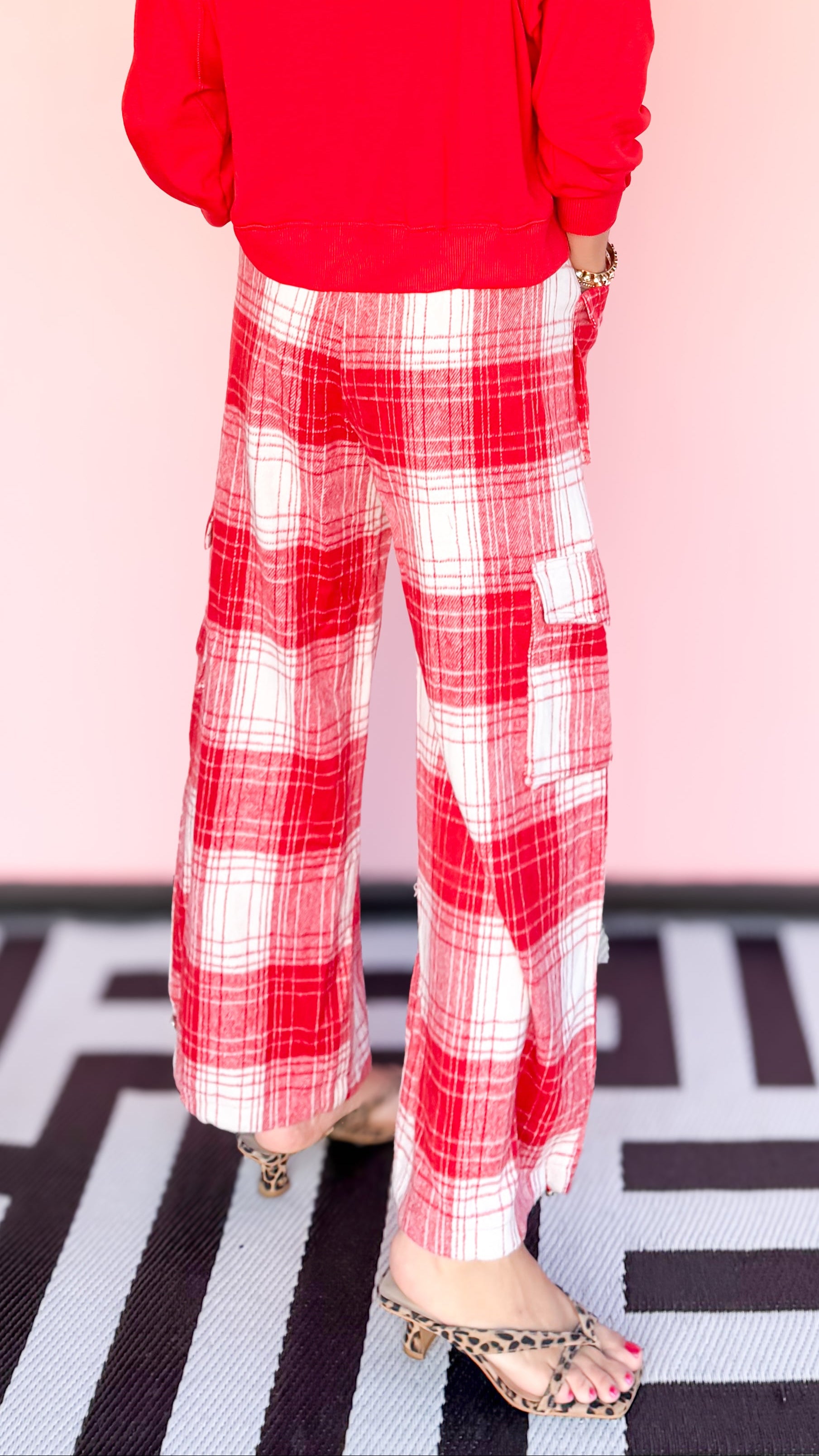 Fleece plaid pant with drawstring tie worn on model - detail view - BLVD Boutik