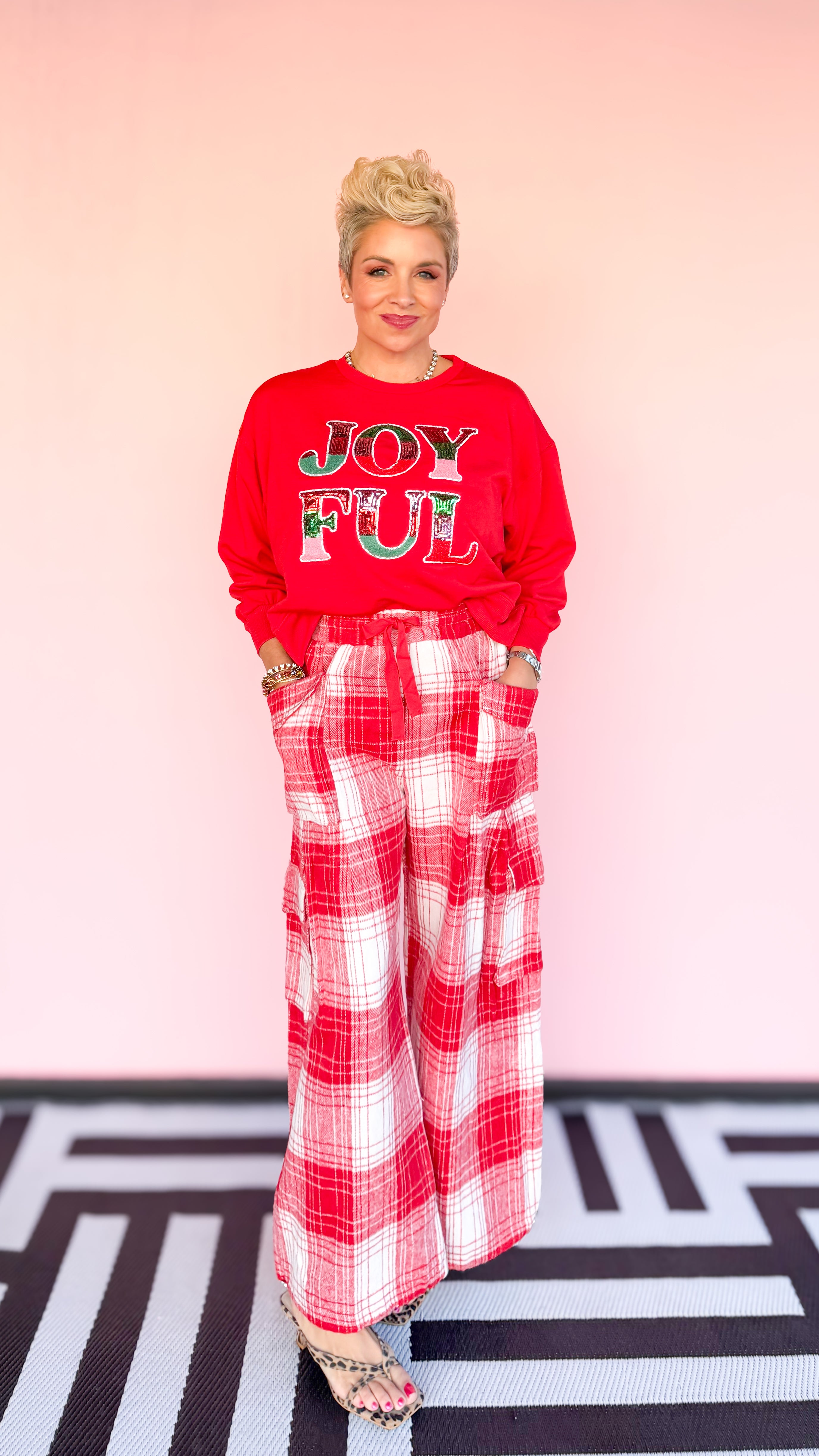 Fleece plaid pant with drawstring tie worn on model - styled view - BLVD Boutik