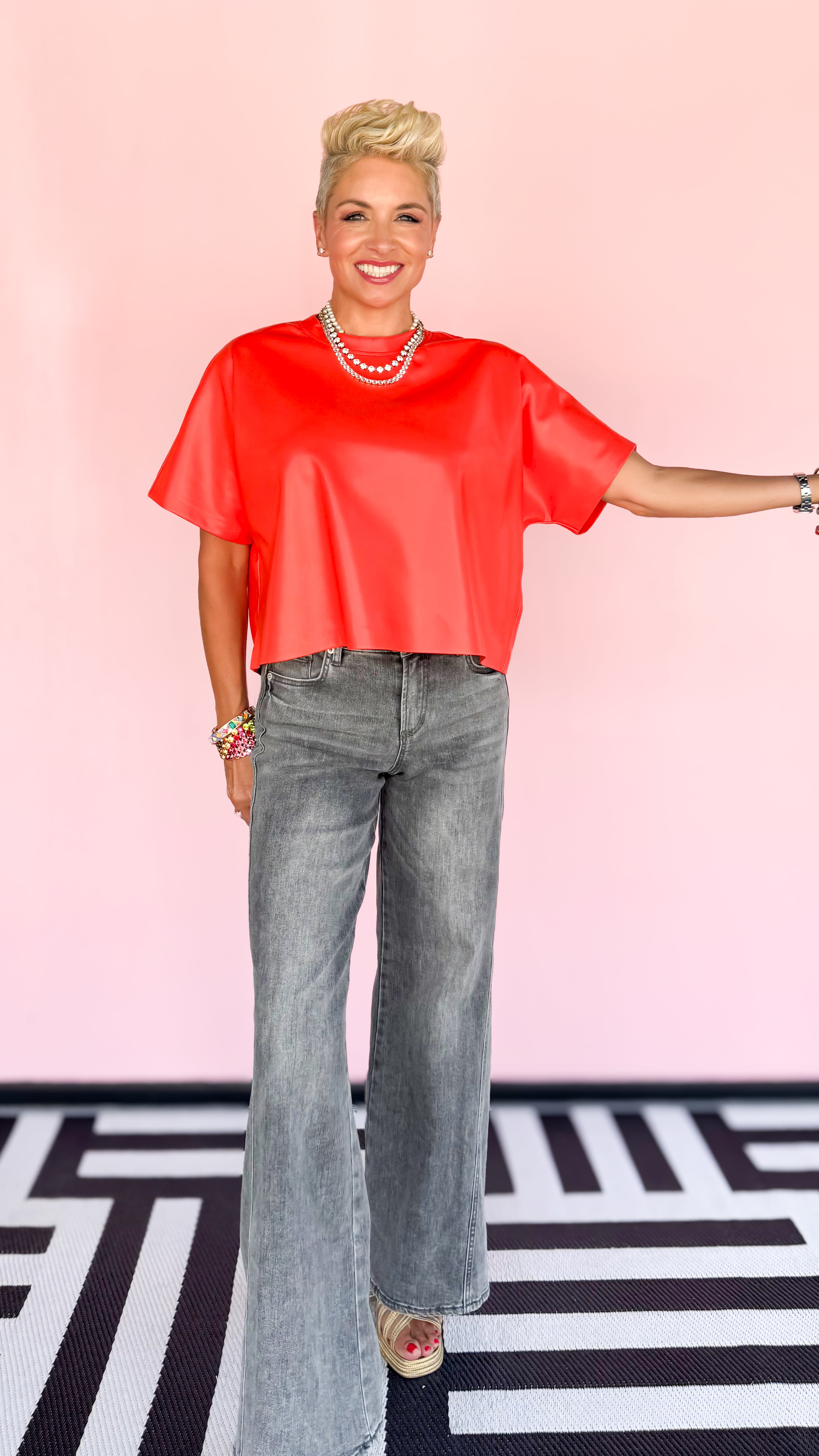 Faux Leather T-Shirt/Orange-Red