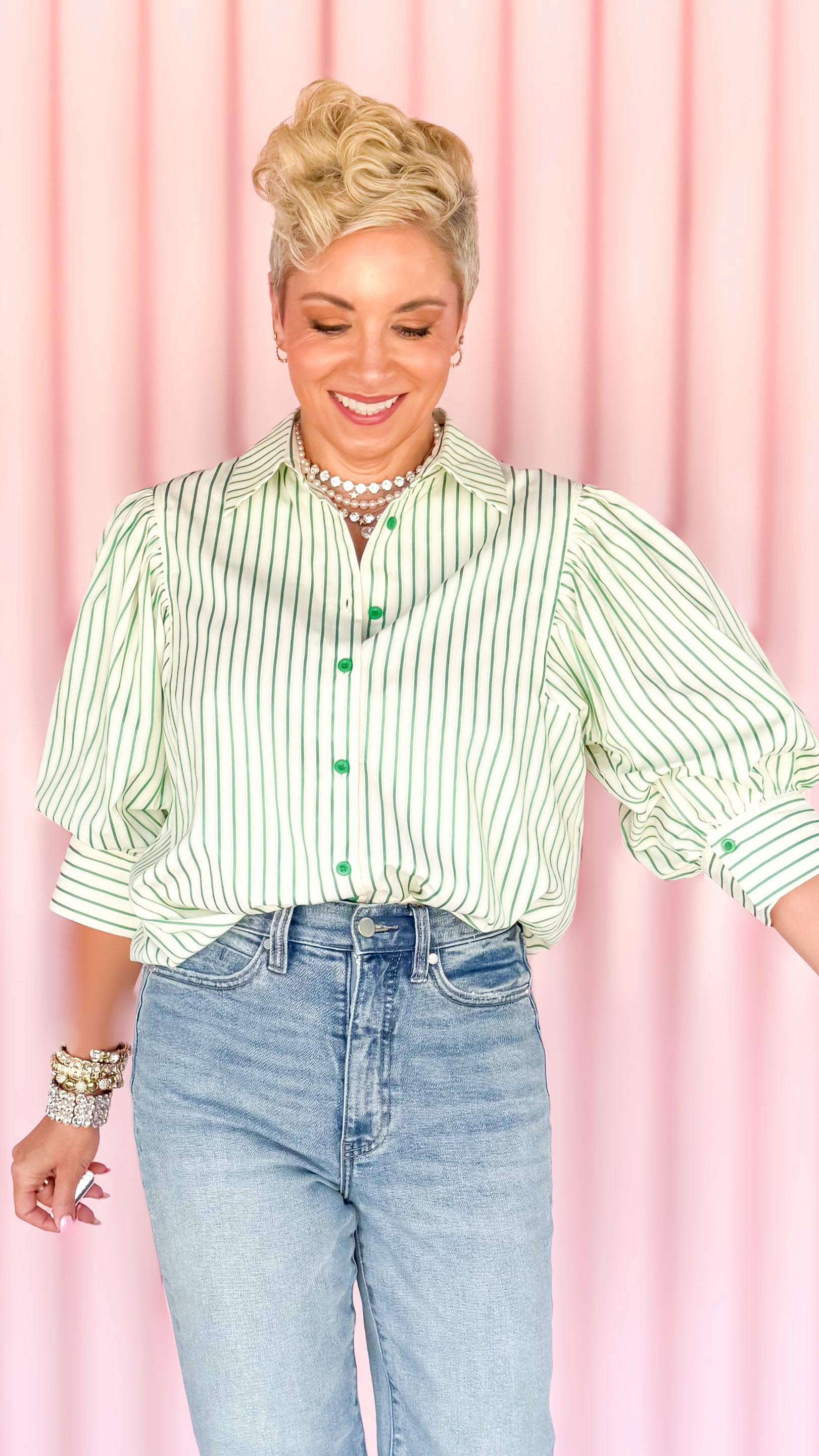 Green Stripe Puff Sleeve Top