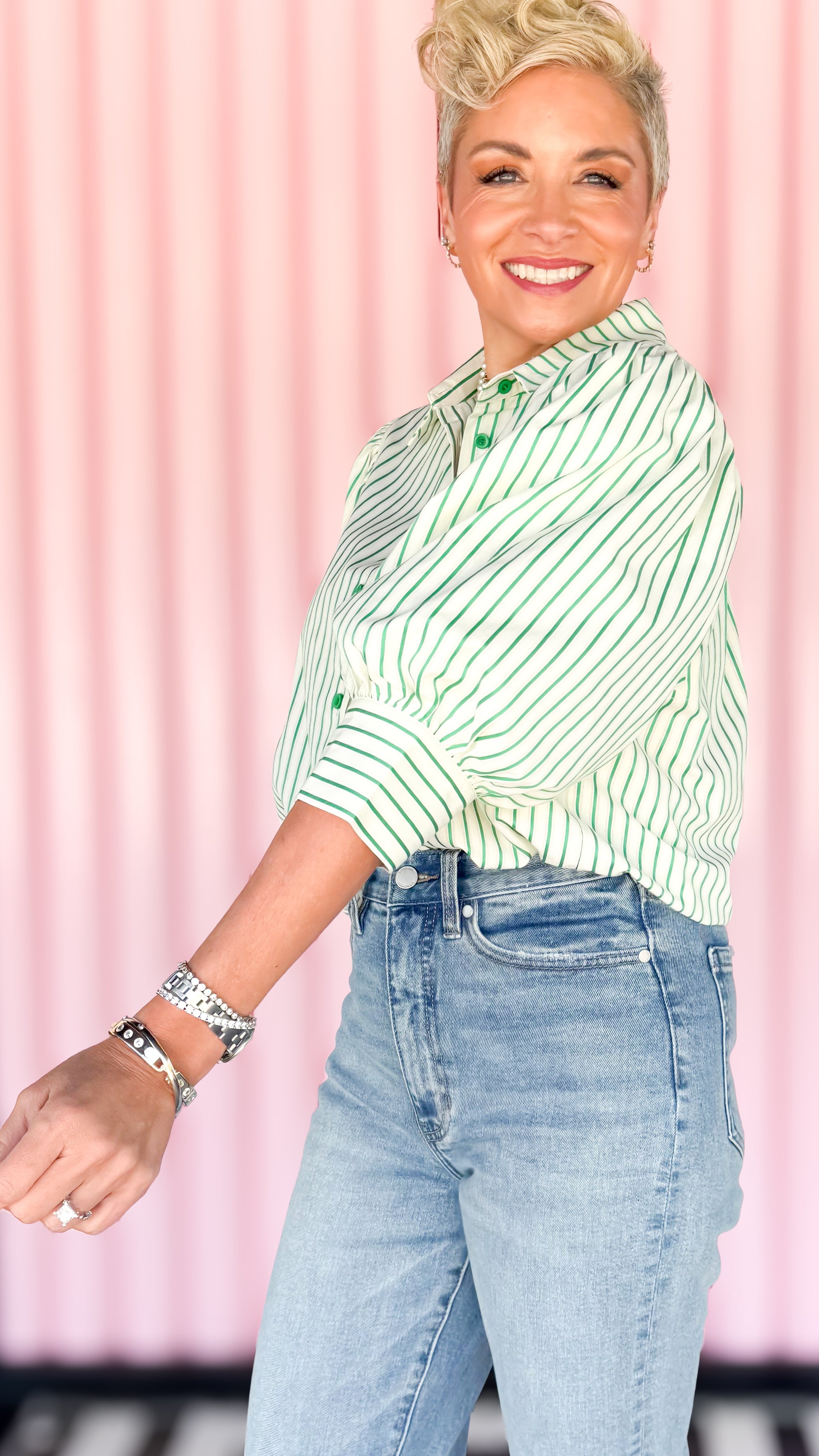 Green Stripe Puff Sleeve Top