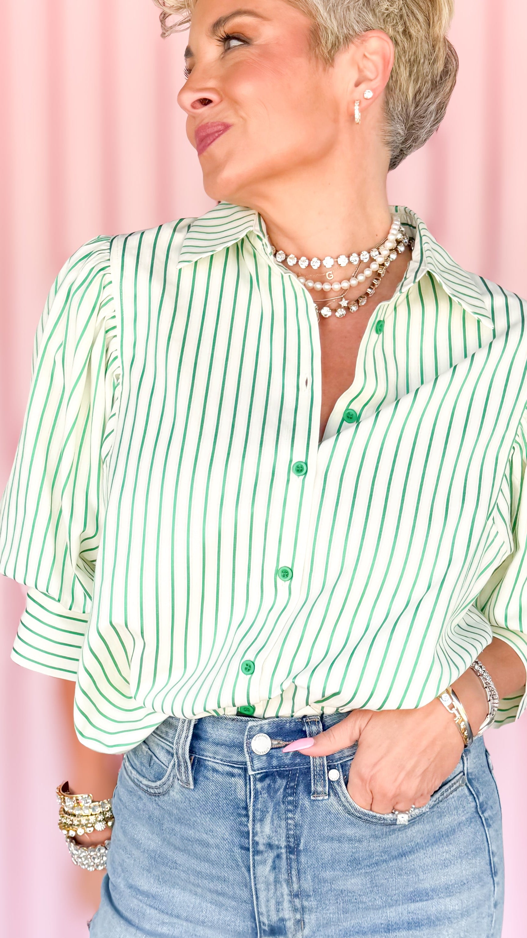 Green Stripe Puff Sleeve Top