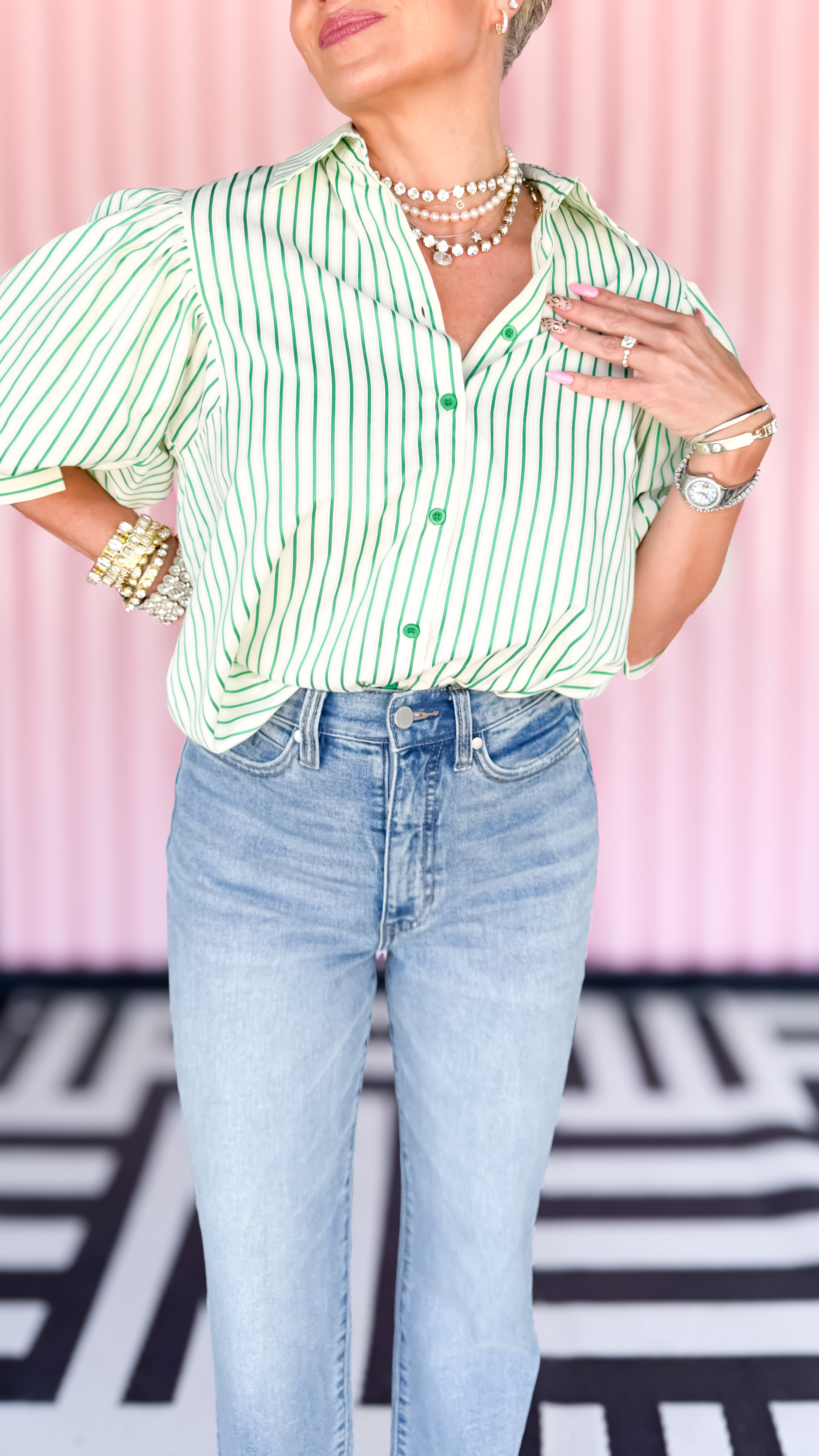 Green Stripe Puff Sleeve Top