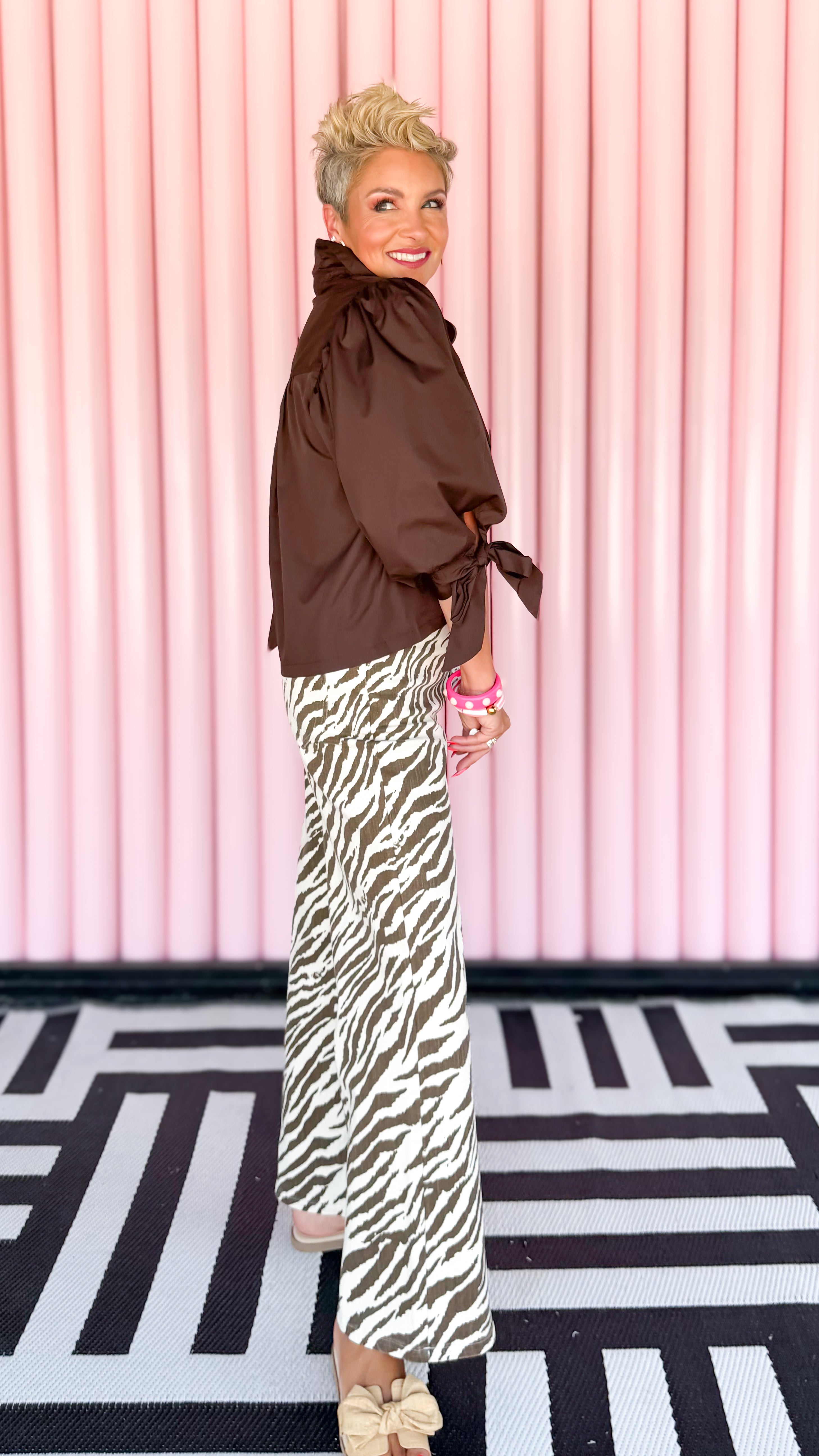 Zebra Print Wide Leg Pants/Ecru