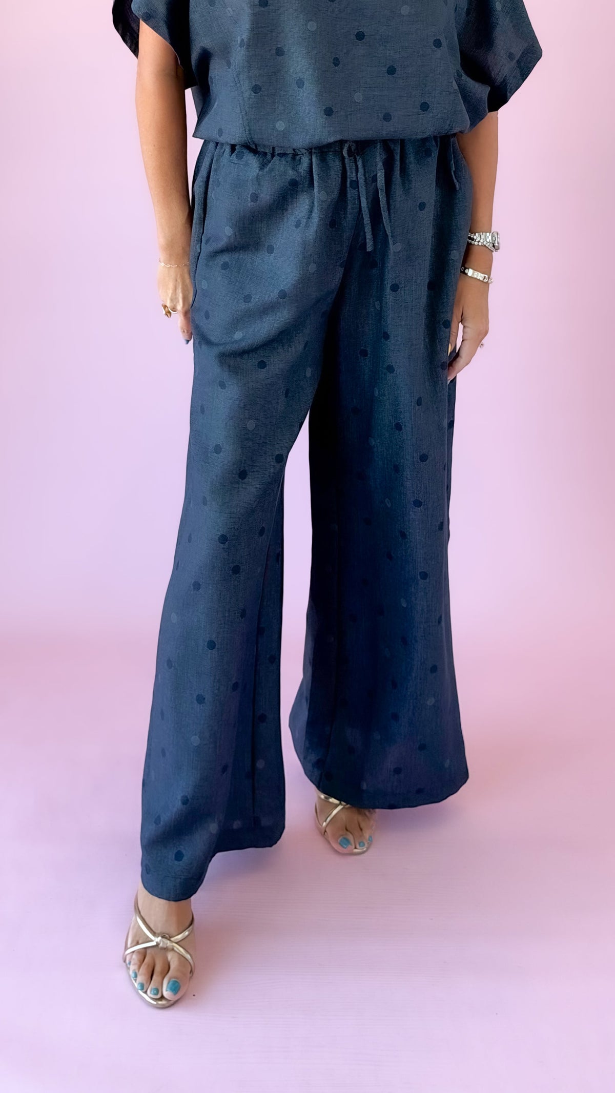 Indigo wide-leg polka dot pants with drawstring waist and matching top