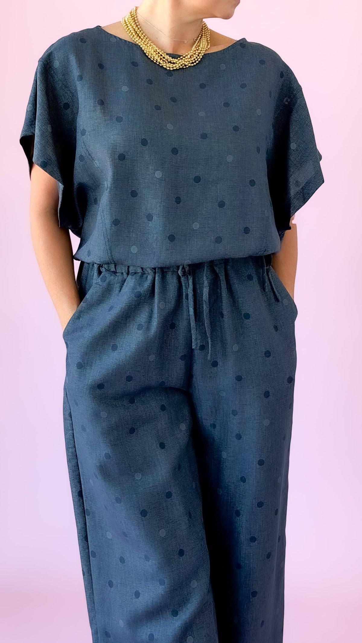 Indigo polka dot top with matching drawstring wide-leg pants