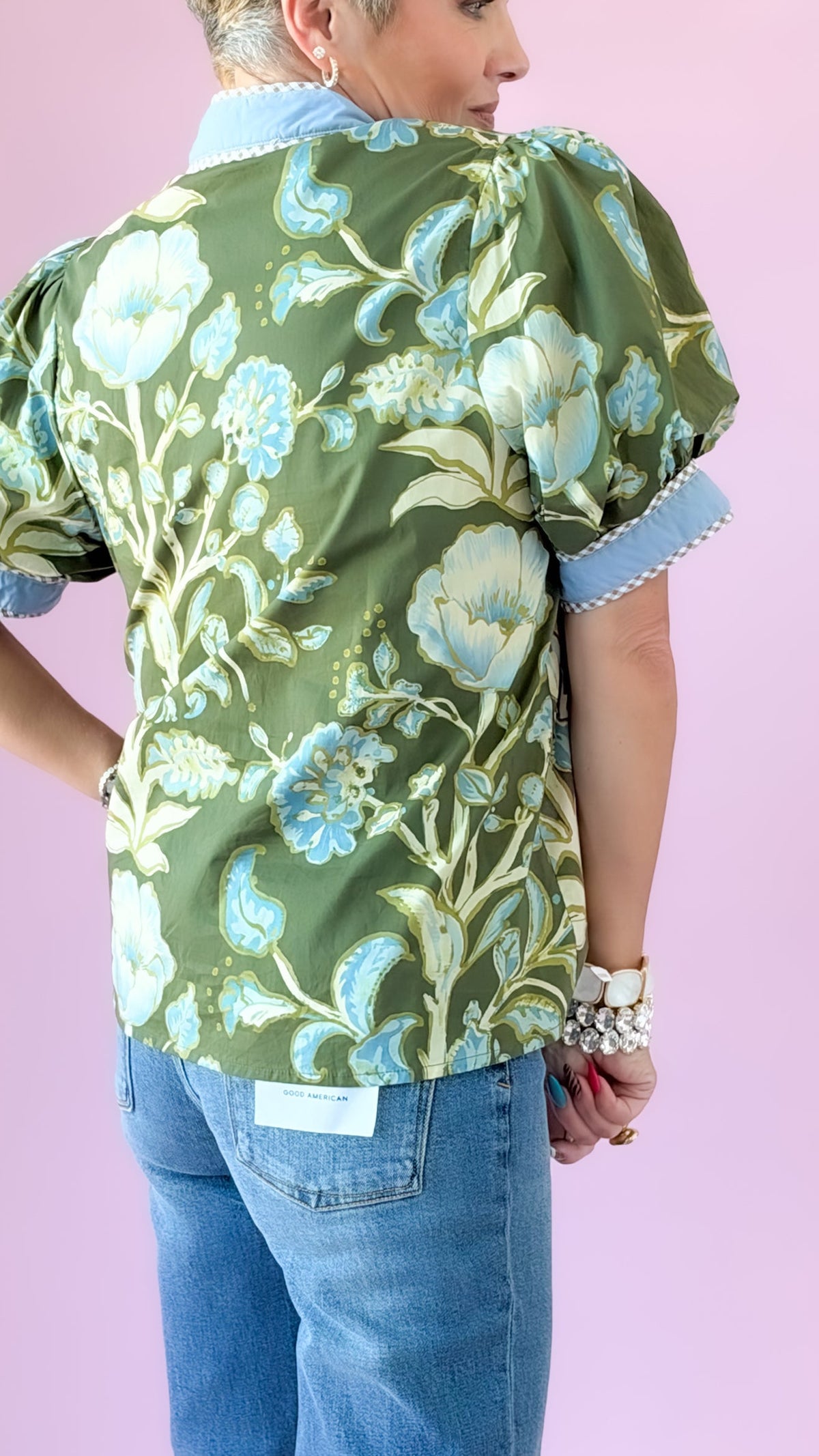 Back view of green floral Jennifer puff sleeve top