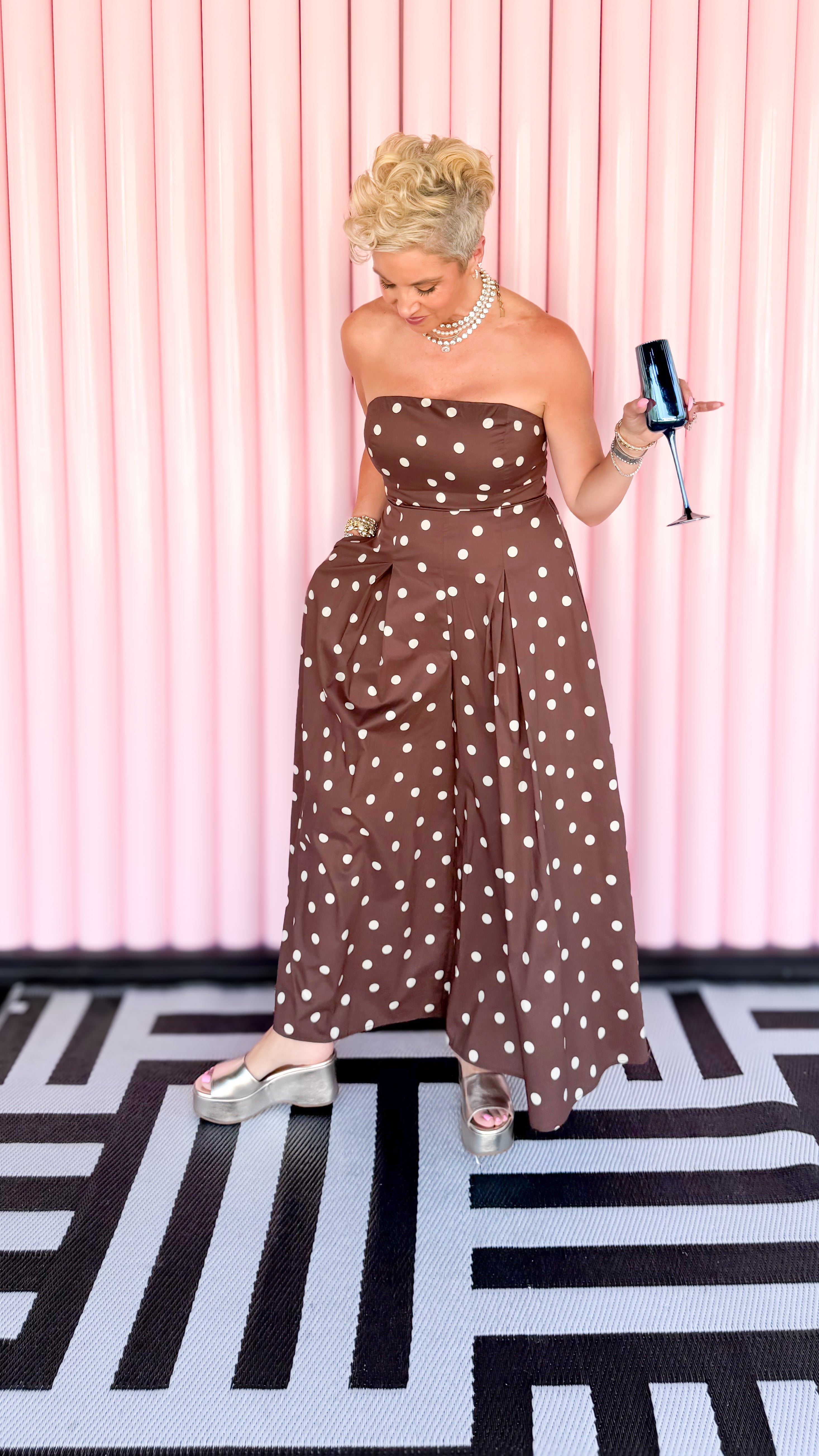 Polka Dot Strapless Jumpsuit/Brown