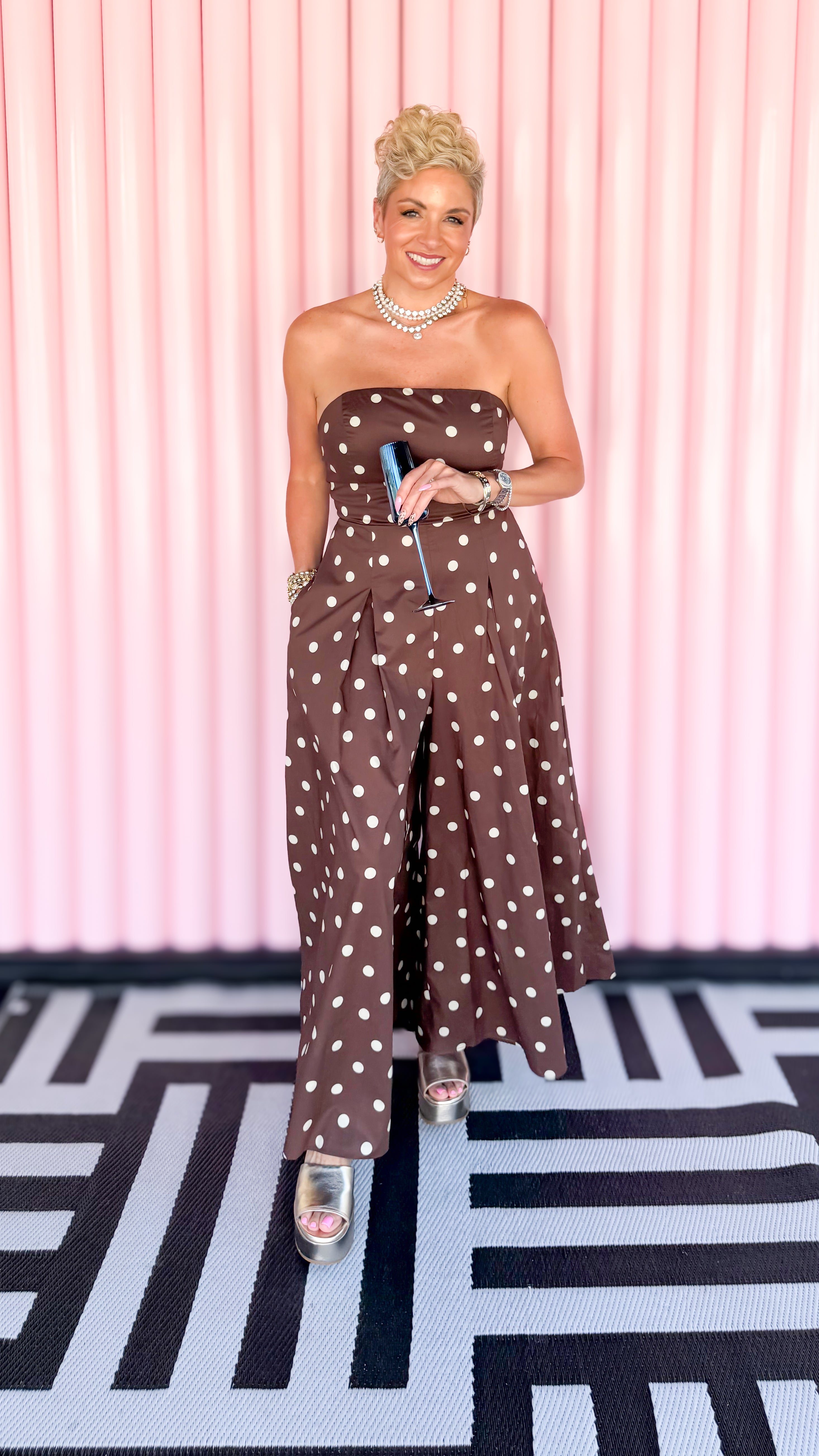 Polka Dot Strapless Jumpsuit/Brown