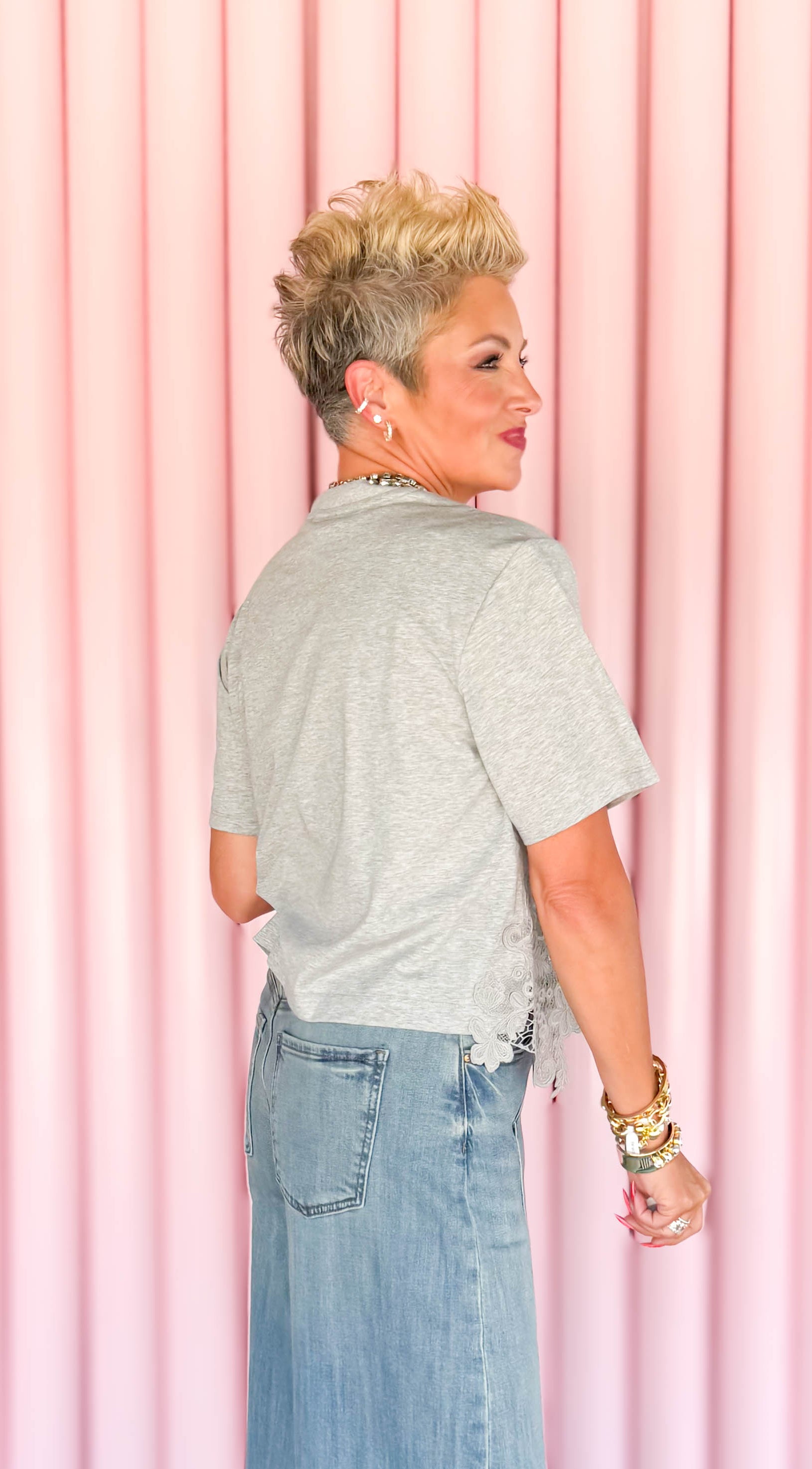 Lydia Luxe Lace Tee/Grey