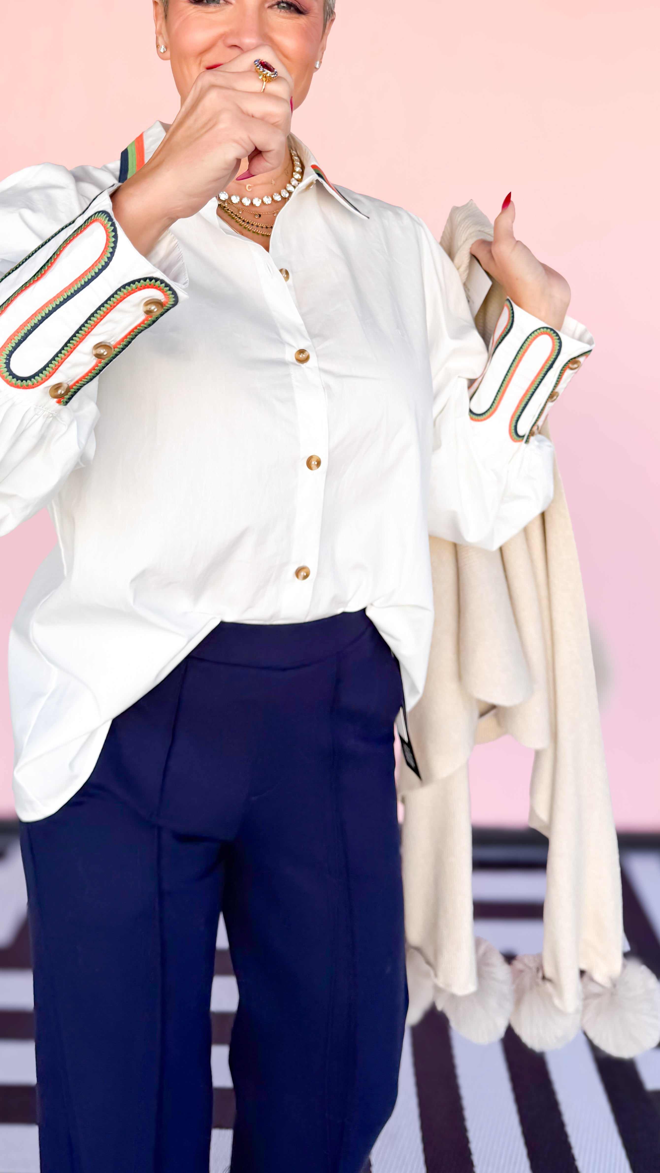 Embroidered Collar & Cuff Blouse/White