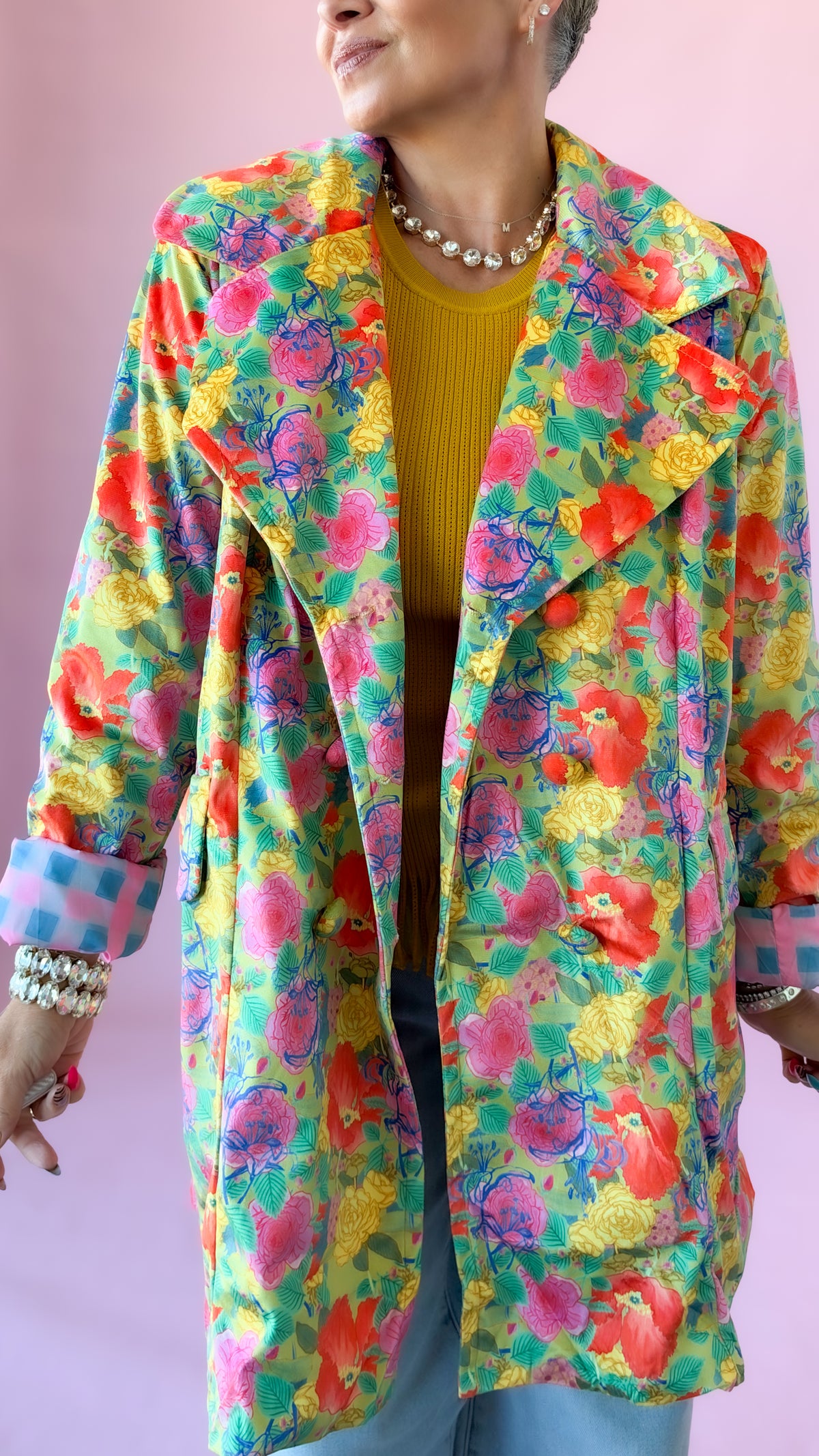 Oversized floral velvet blazer with notched lapels and mustard top