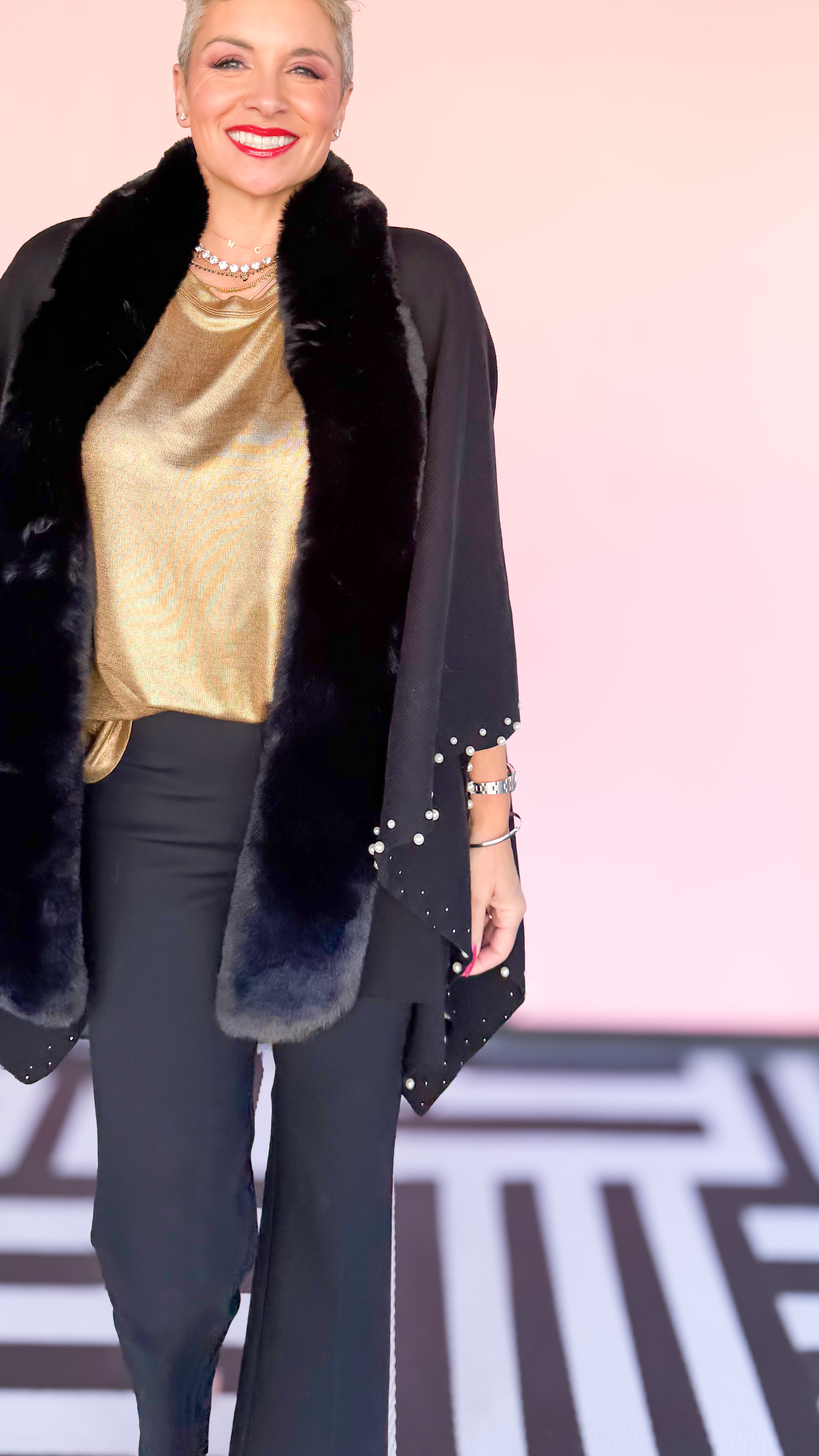 Black Fur Trimmed w/Pearls Cape