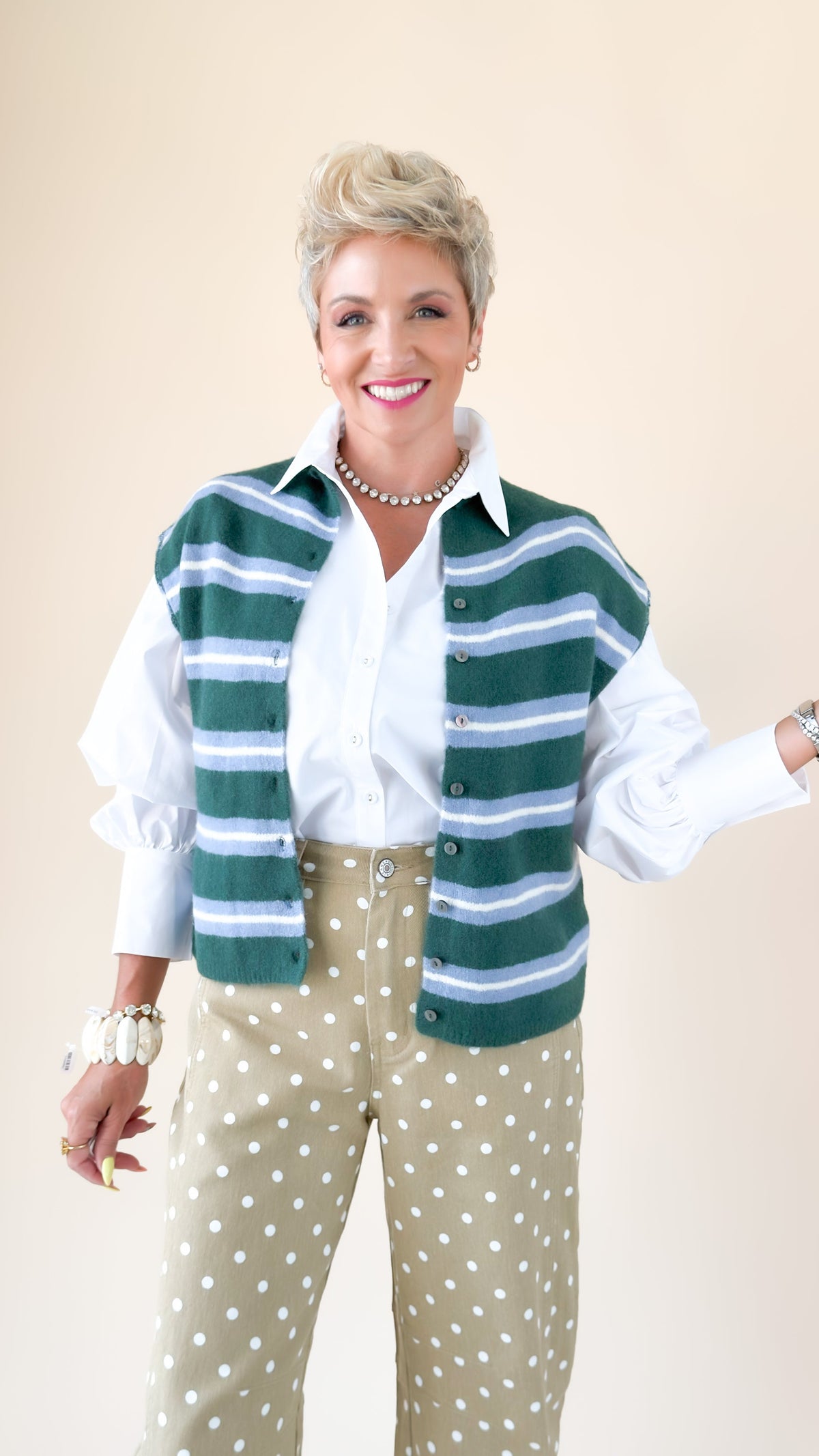 Sarah Striped Sleeveless Cardigan/Emerald