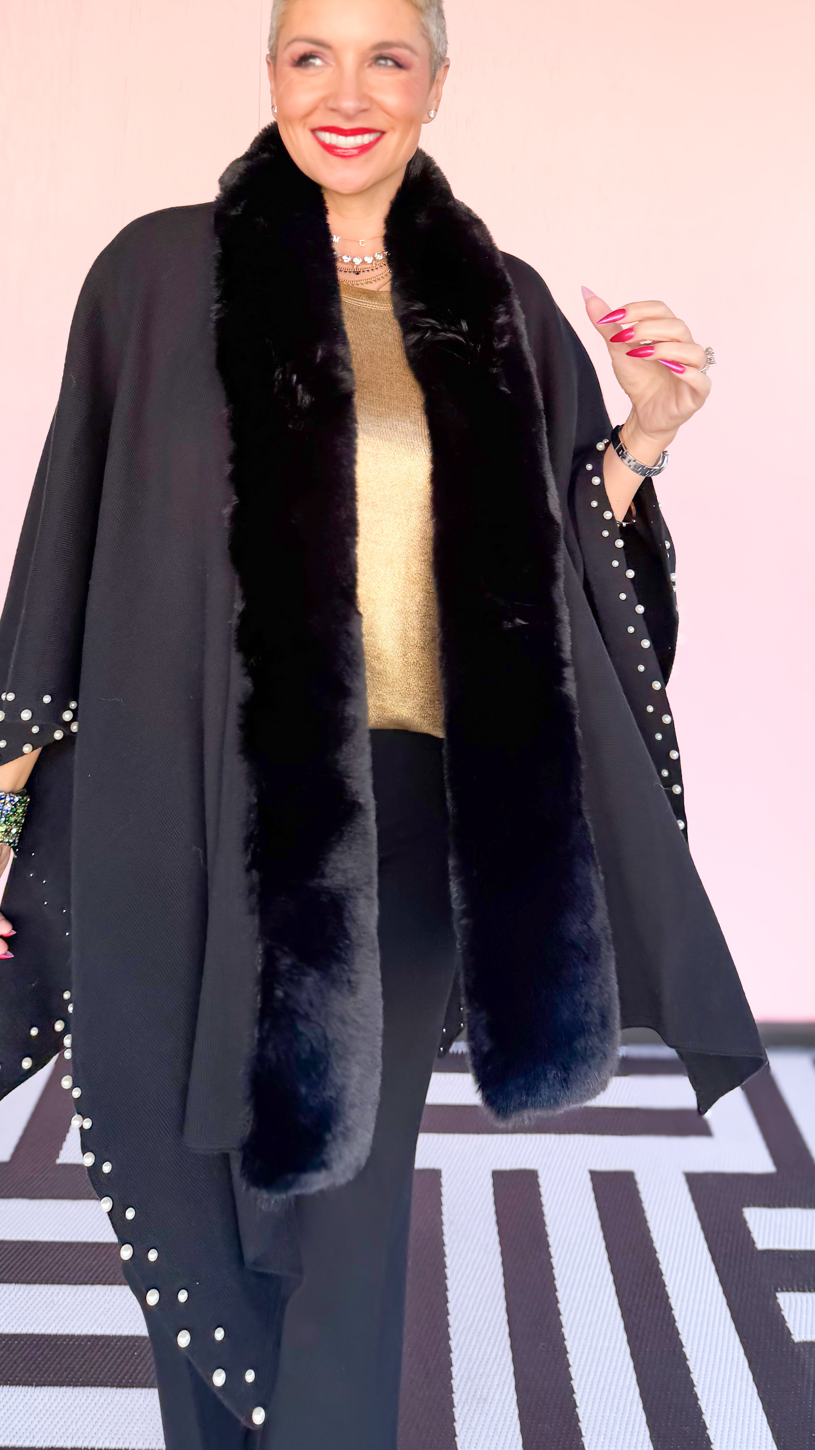 Black Fur Trimmed w/Pearls Cape