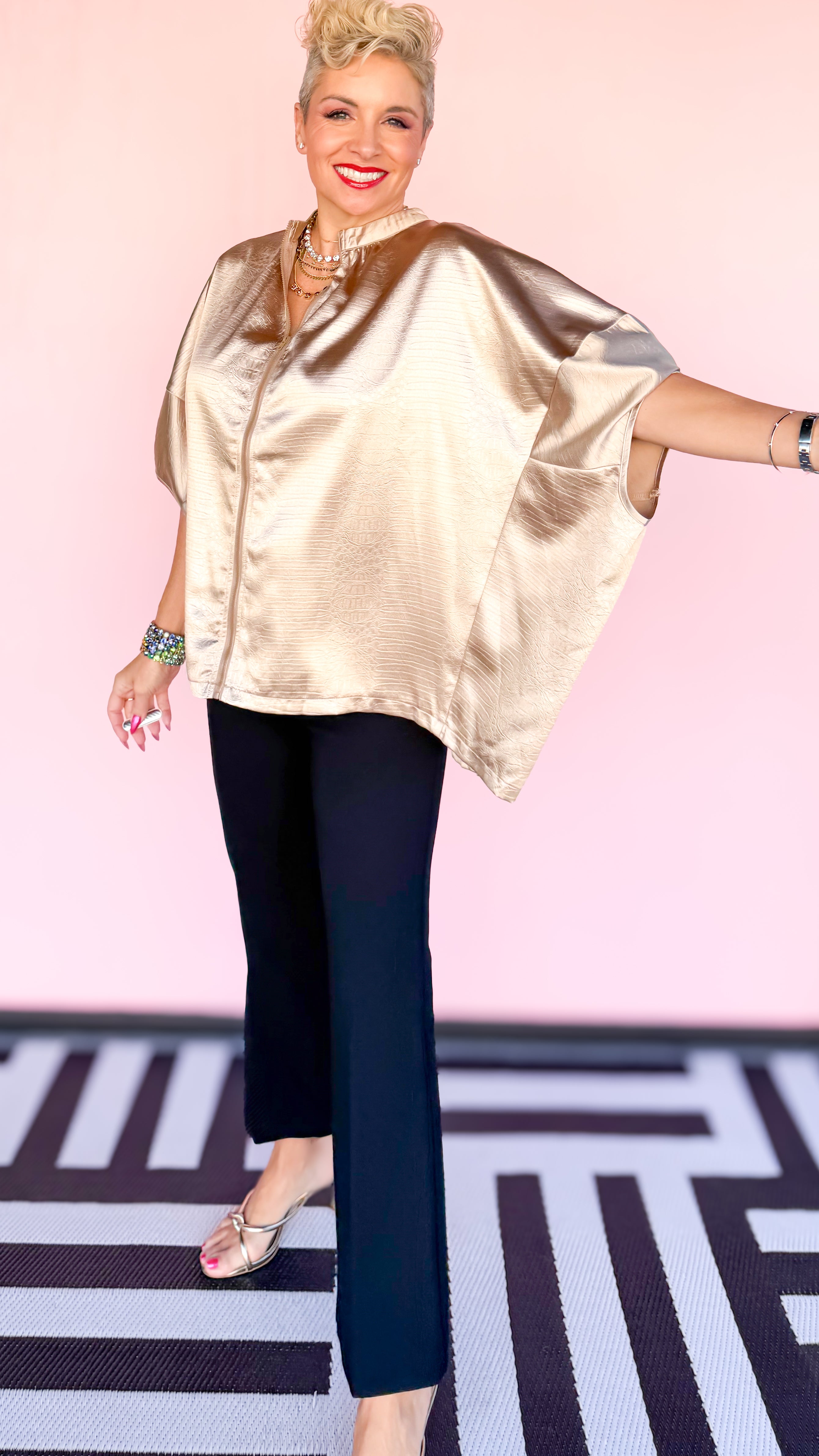 Metallic Alligator Front Zip Blouse in Taupe