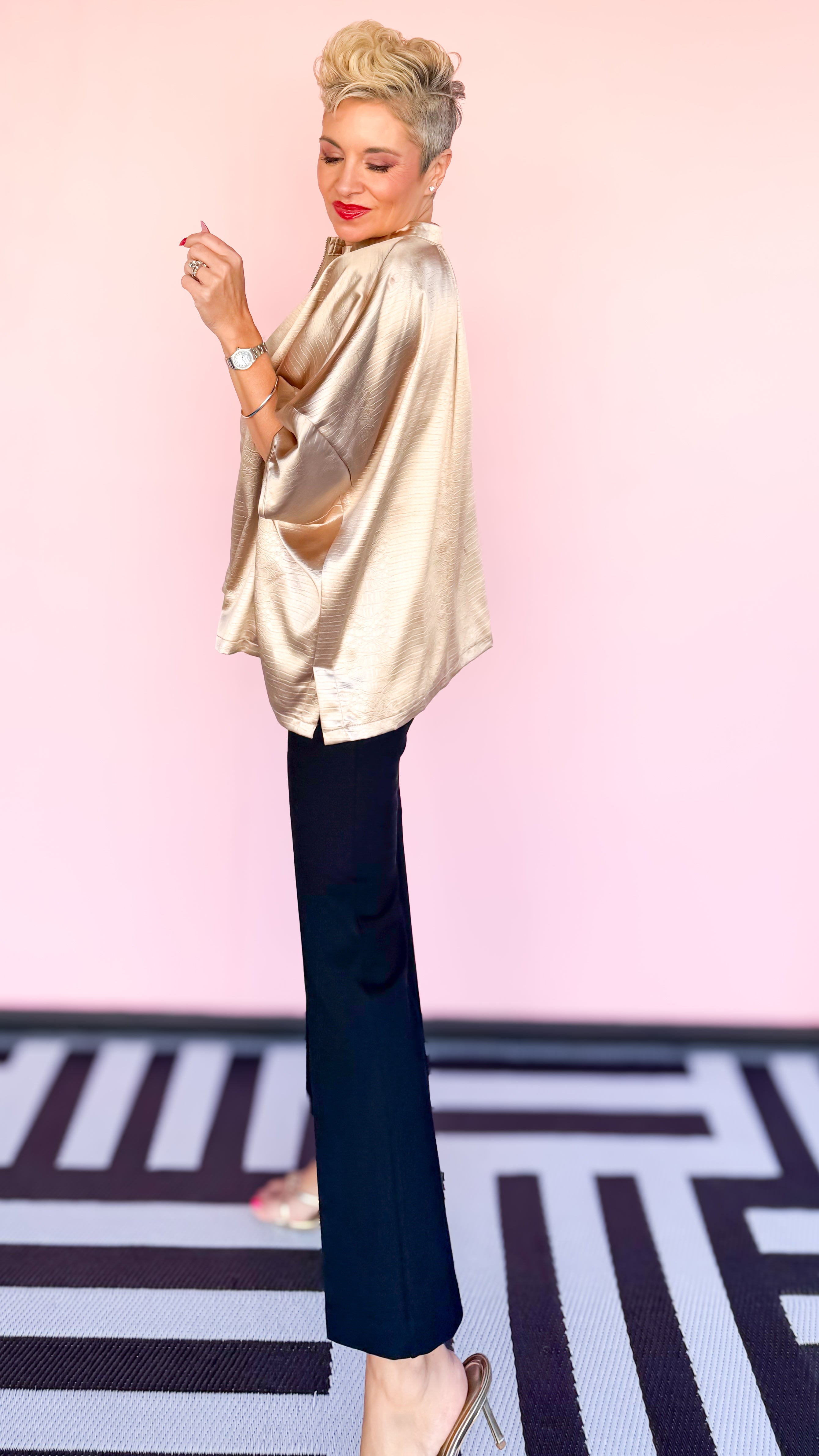 Metallic Alligator Front Zip Blouse in Taupe